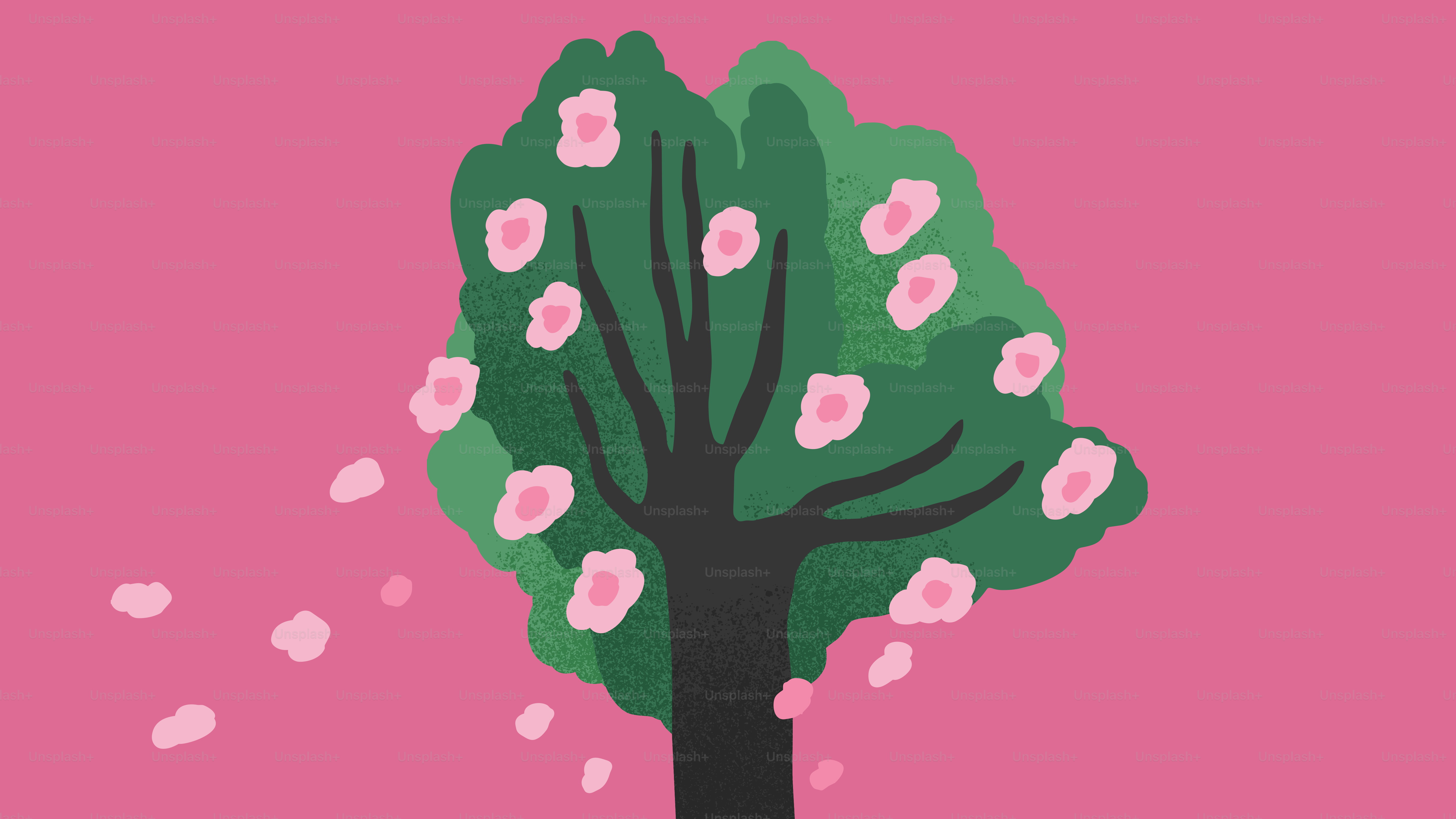 Un albero stilizzato con fiori rosa su sfondo rosa