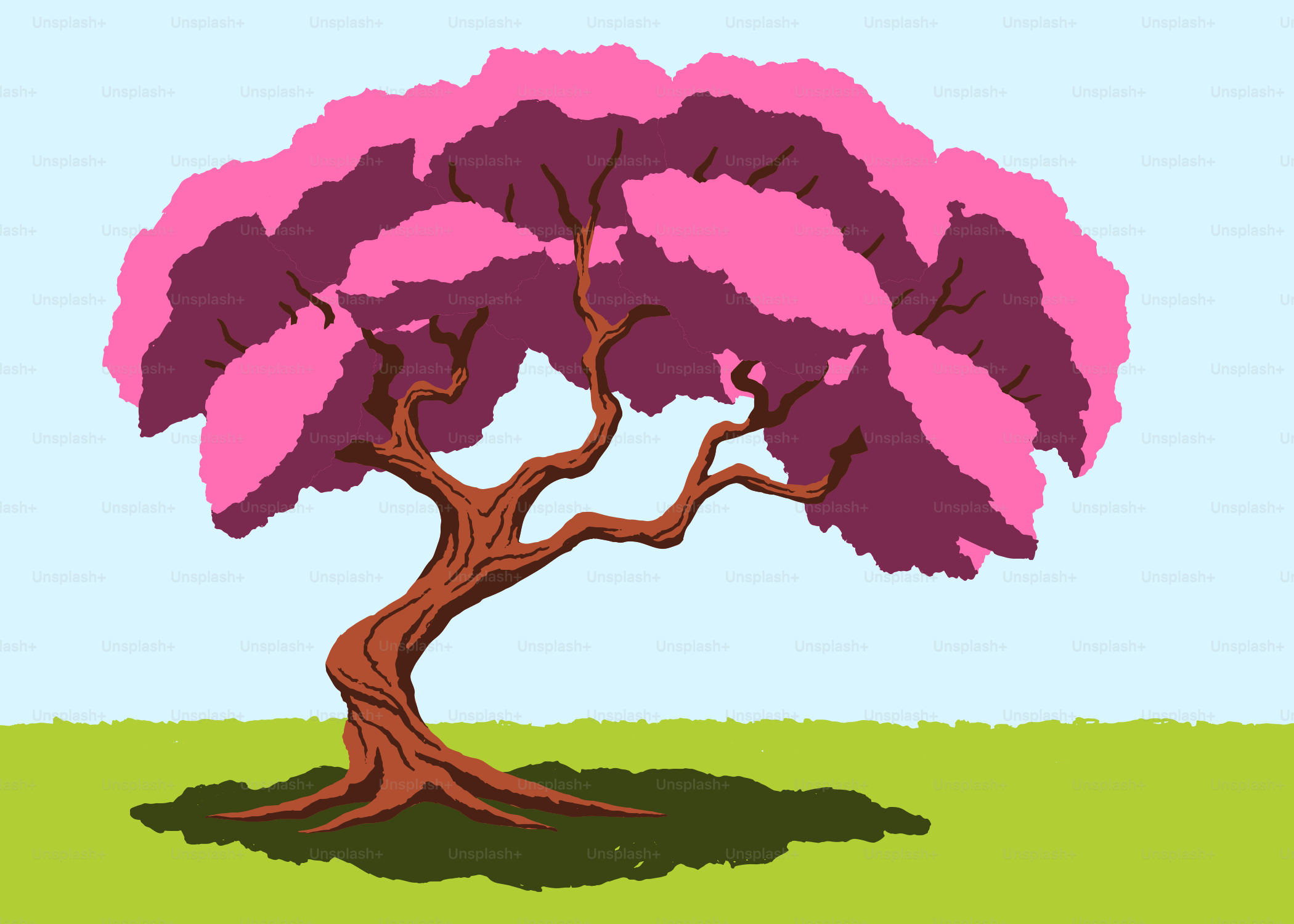 Un albero stilizzato con fiori rosa ed erba verde