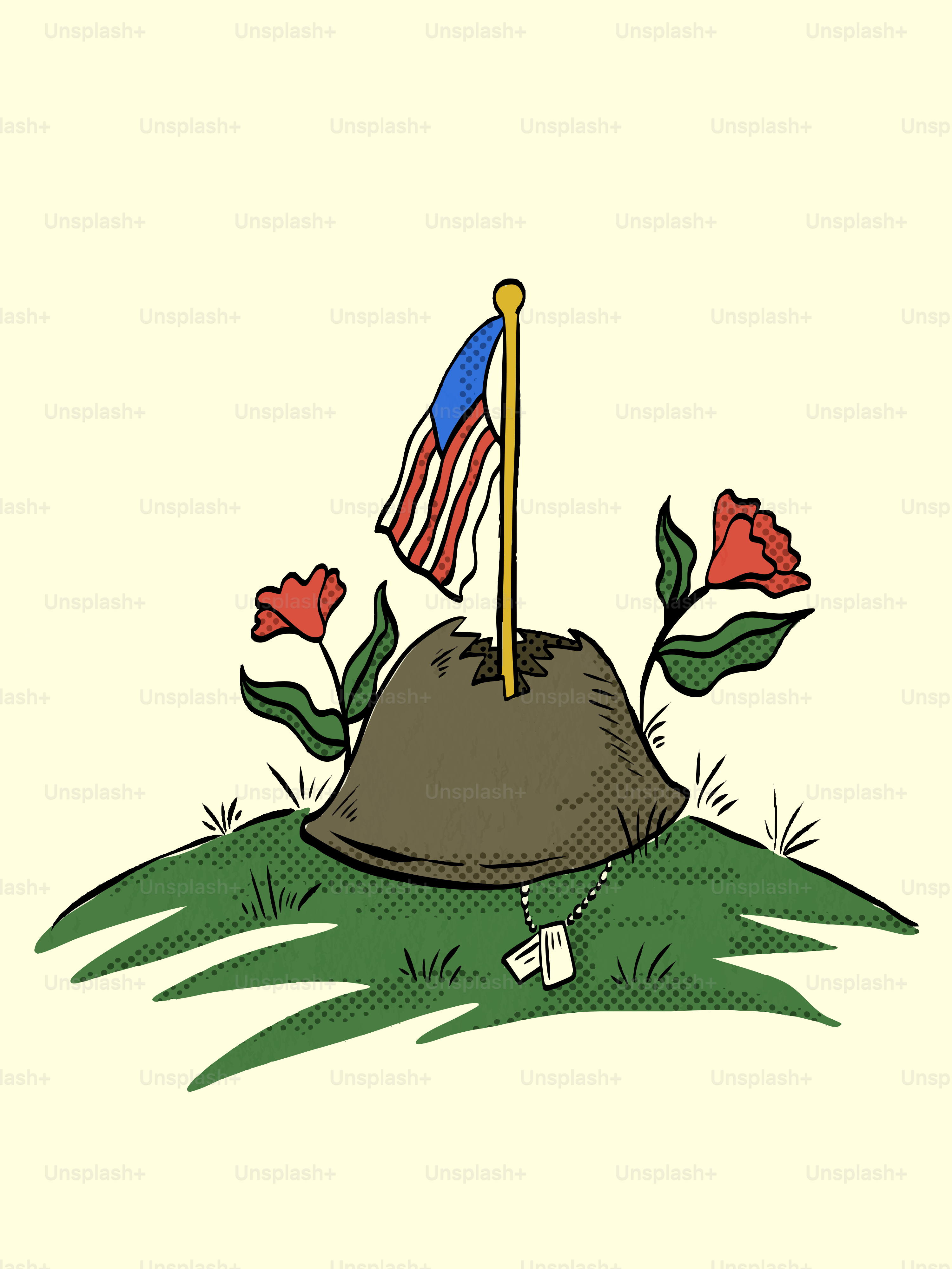 アメリカ国旗とドッグタグのついたヘルメット。