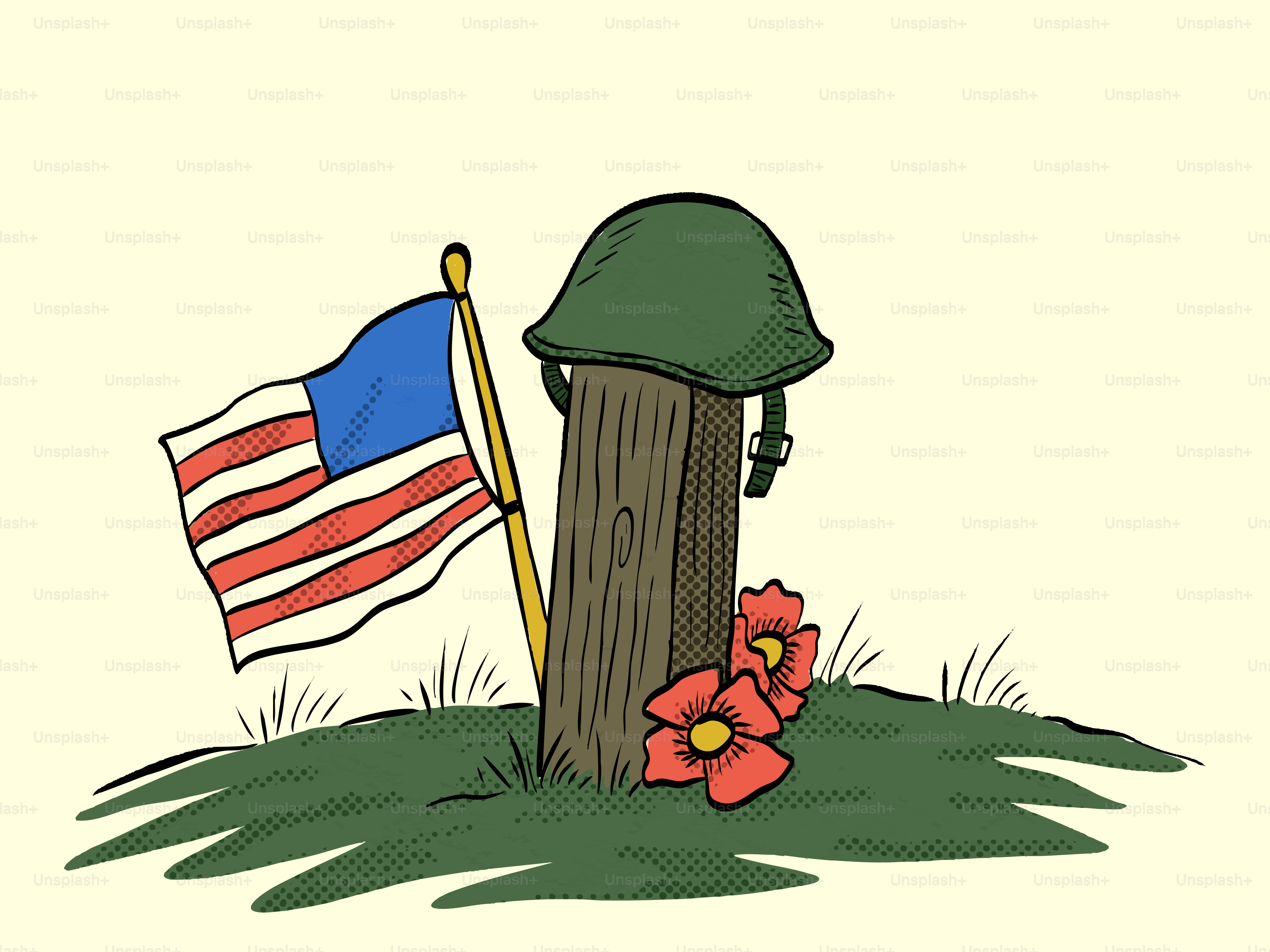 墓に掲げられた軍用ヘルメットと旗