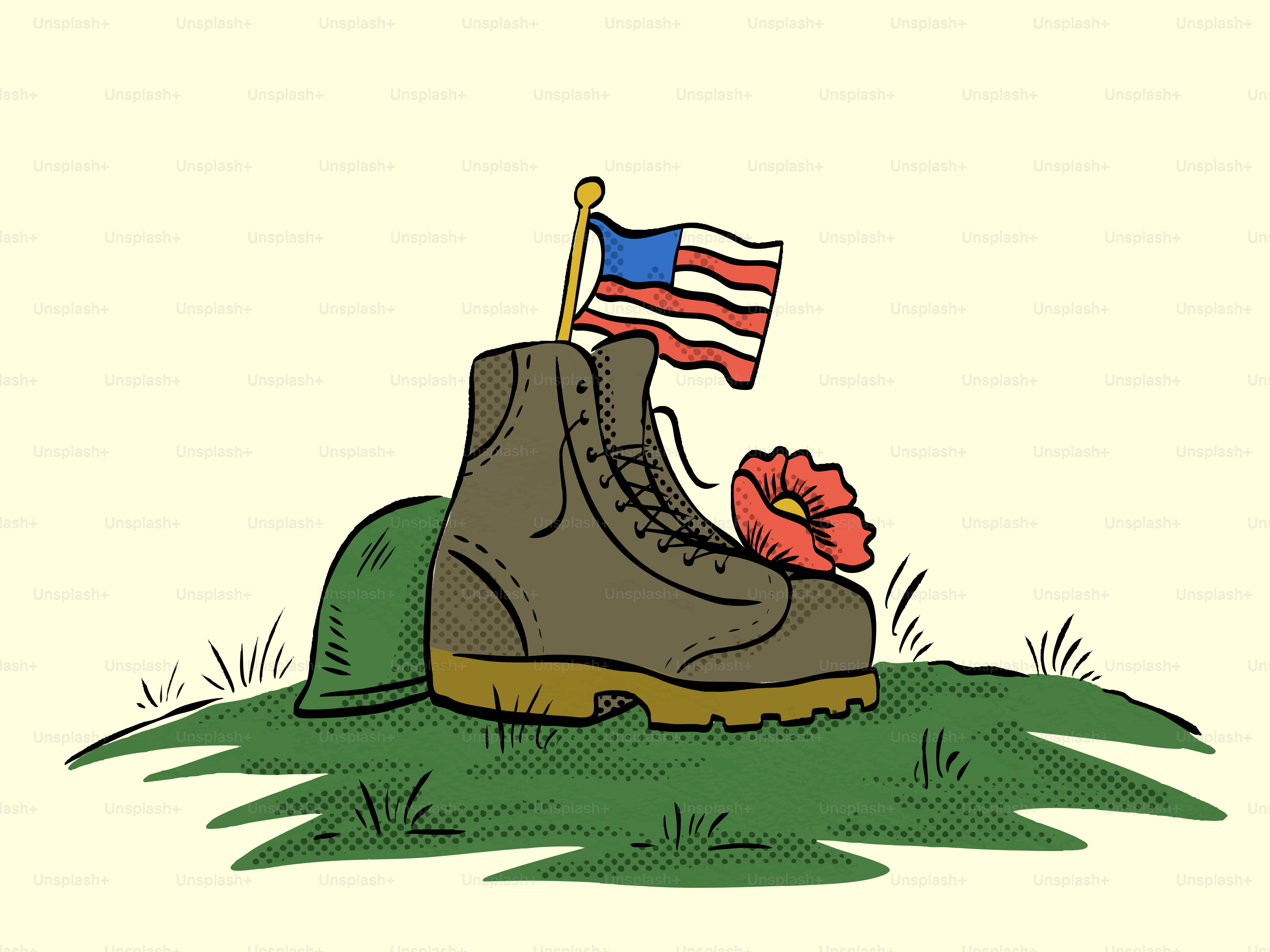 軍用ブーツ、ヘルメット、旗、そして草の上にポピーが描かれている