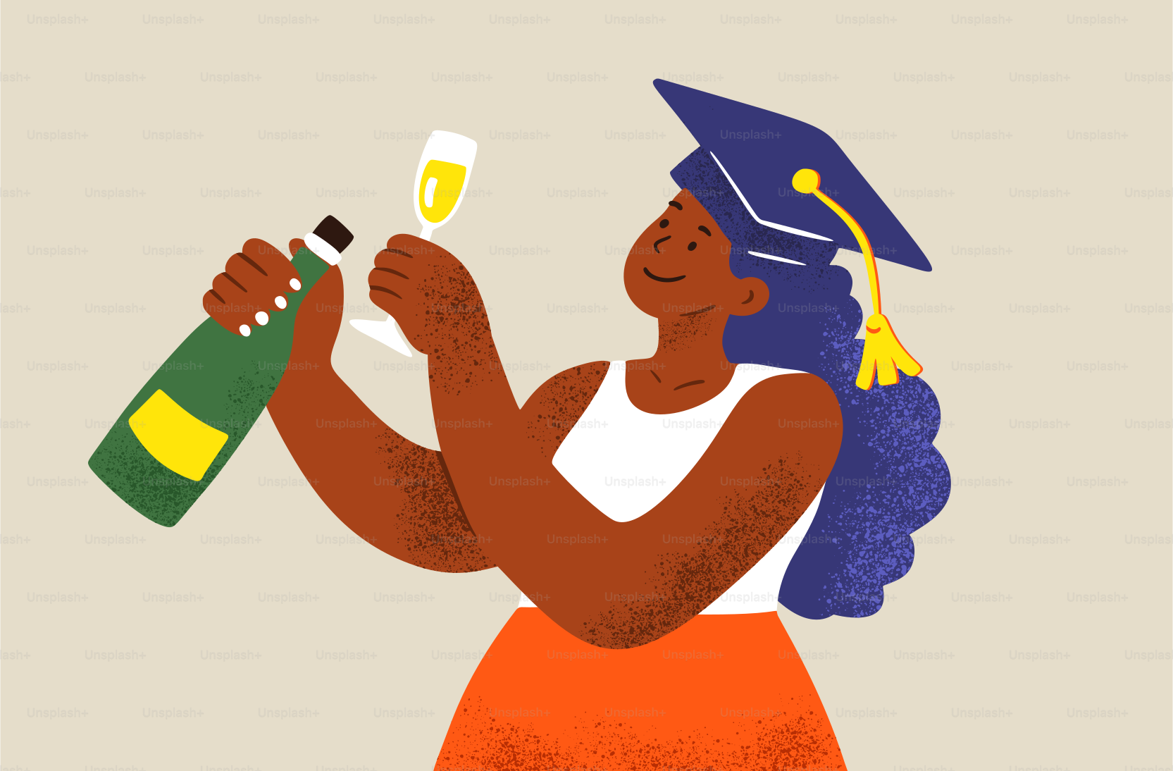 A woman in a graduation cap pours champagne.