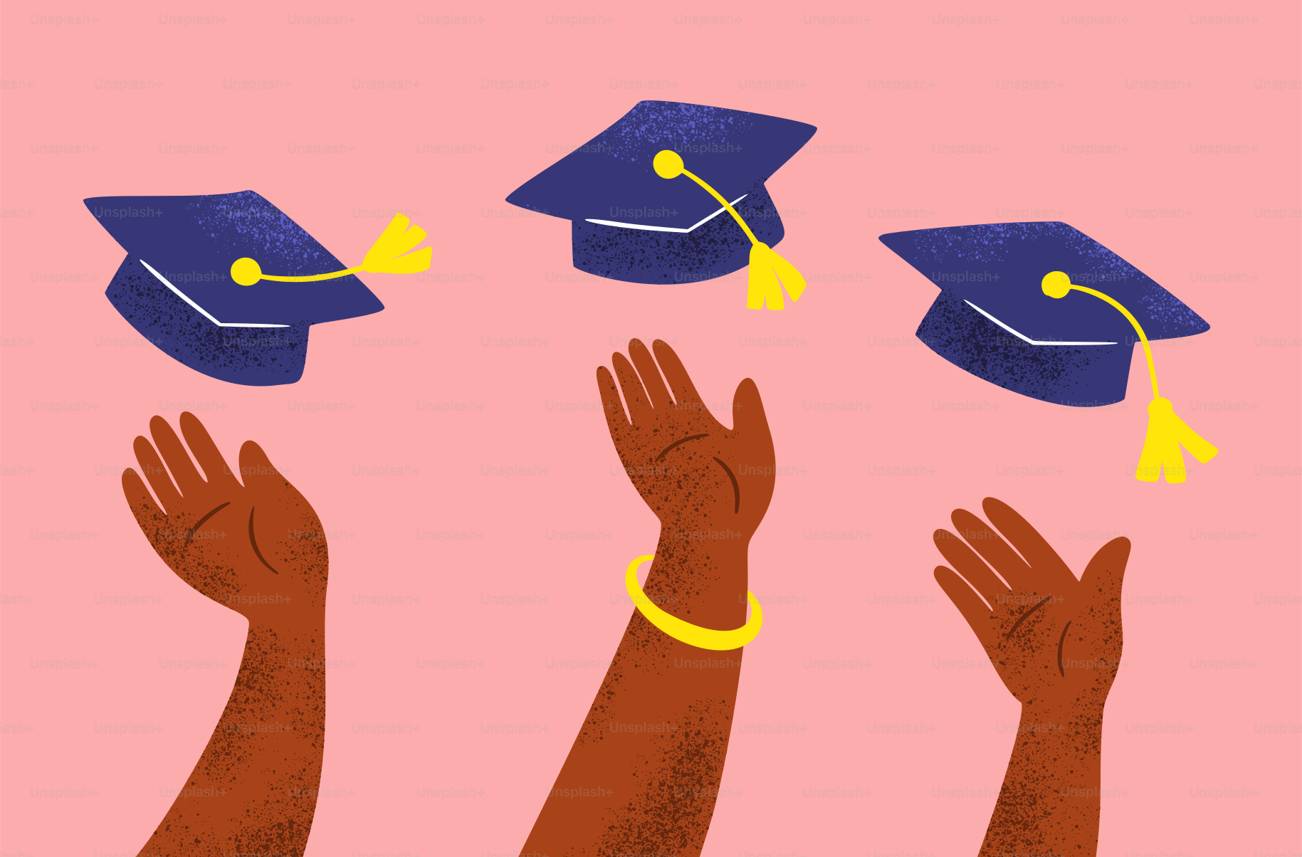 Three graduation caps tossed in the air.