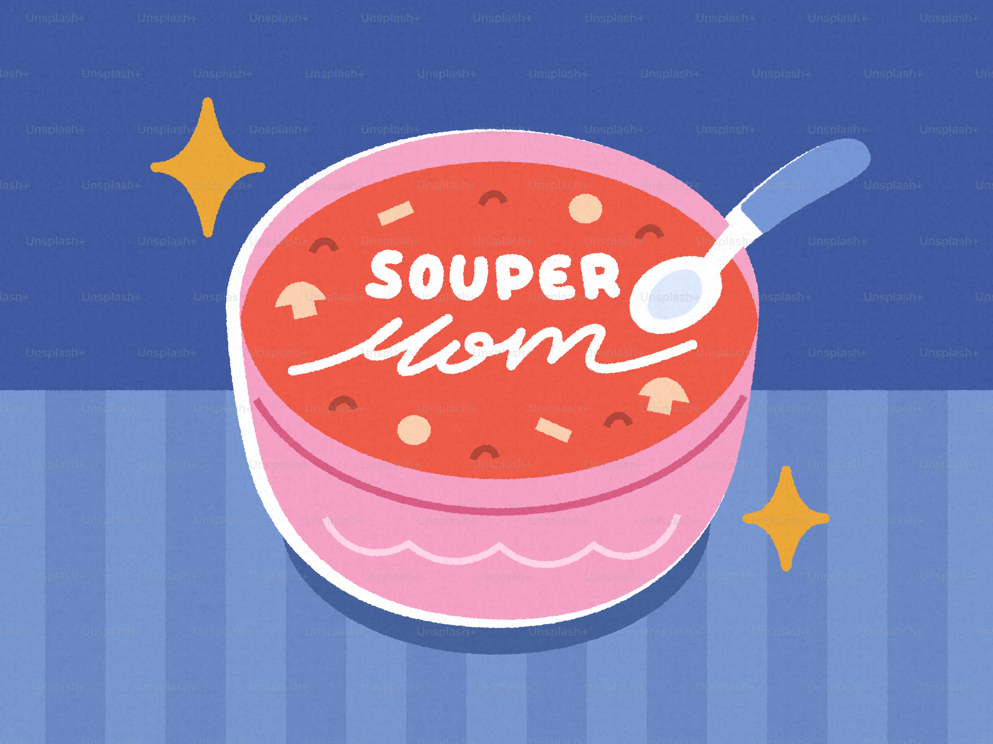 Bowl of soup with "souper mom" written on it.