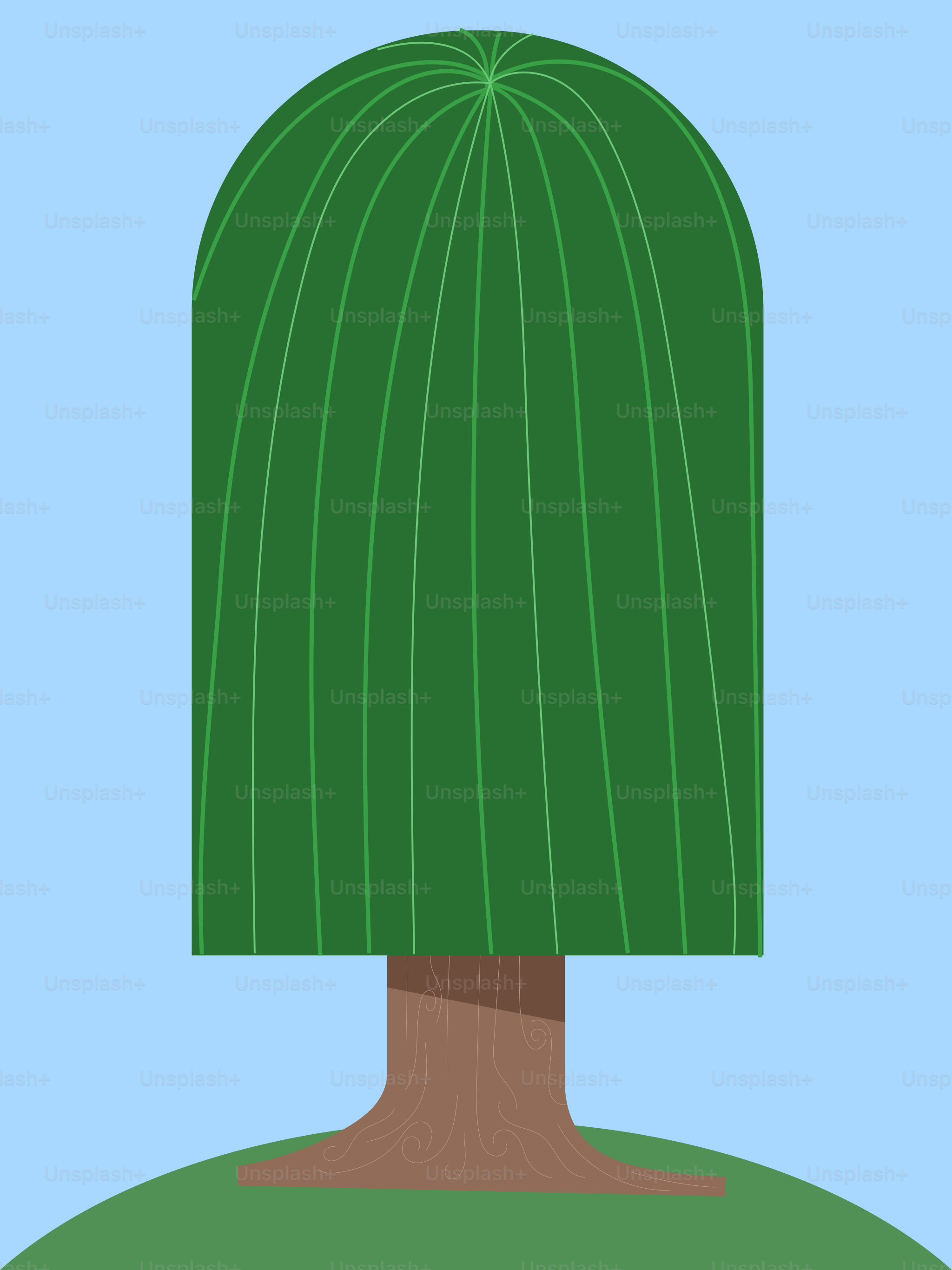 언덕 위에 갈색 줄기를 가진 스타일화된 초록 나무.
