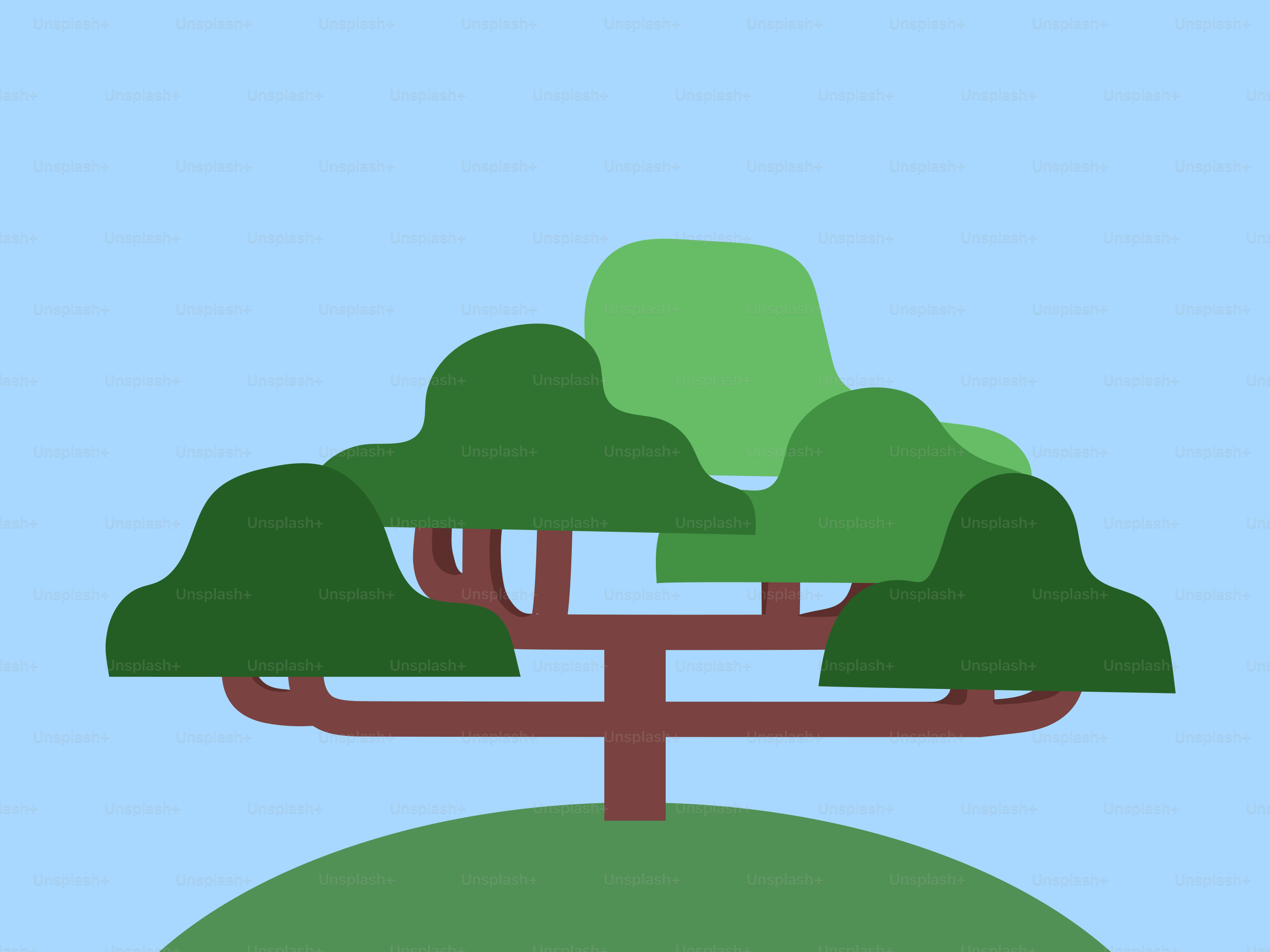 Stilisierter Baum mit grünem Laub auf einem Hügel.