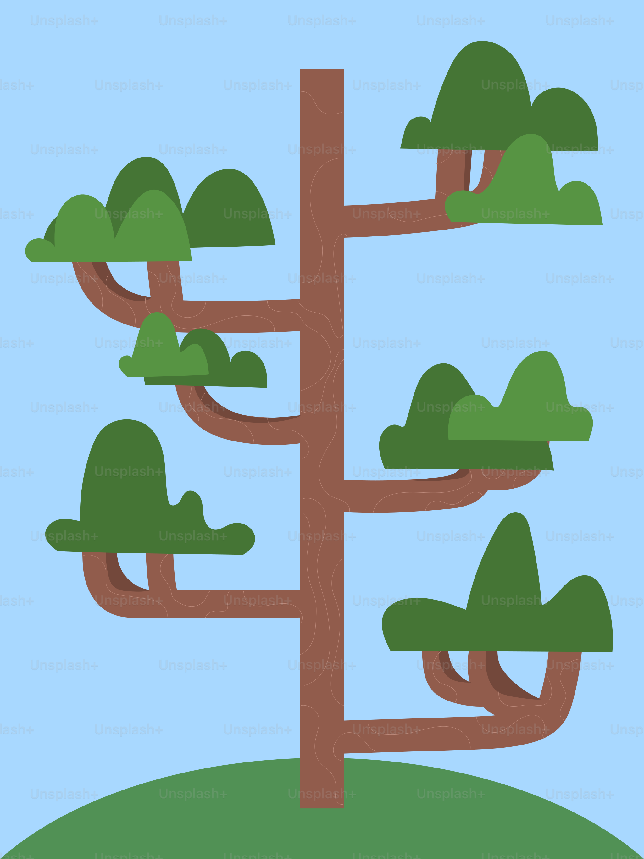 푸른 하늘을 배경으로 초록 잎사귀가 있는 스타일화된 나무