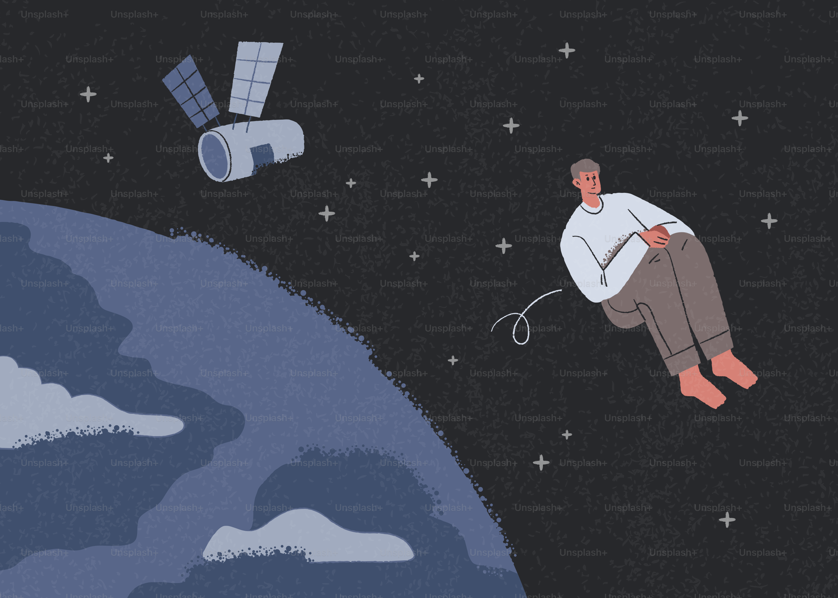 O homem flutua no espaço próximo à Terra e ao satélite.