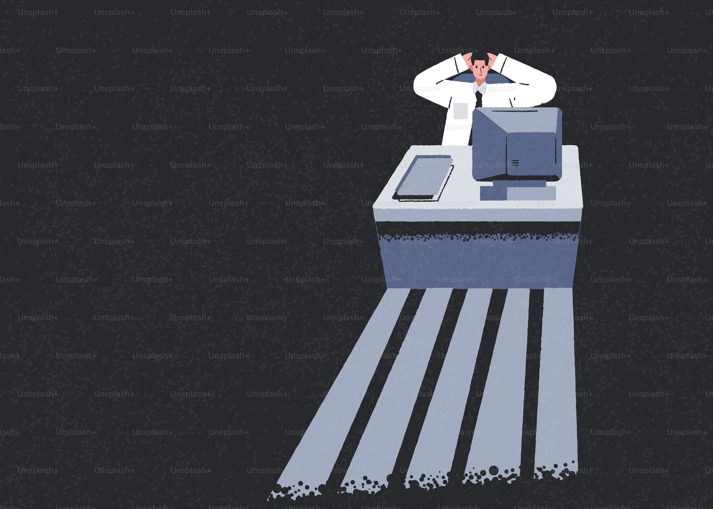 Lo scienziato stressato alla scrivania con il computer che emetteva dati.