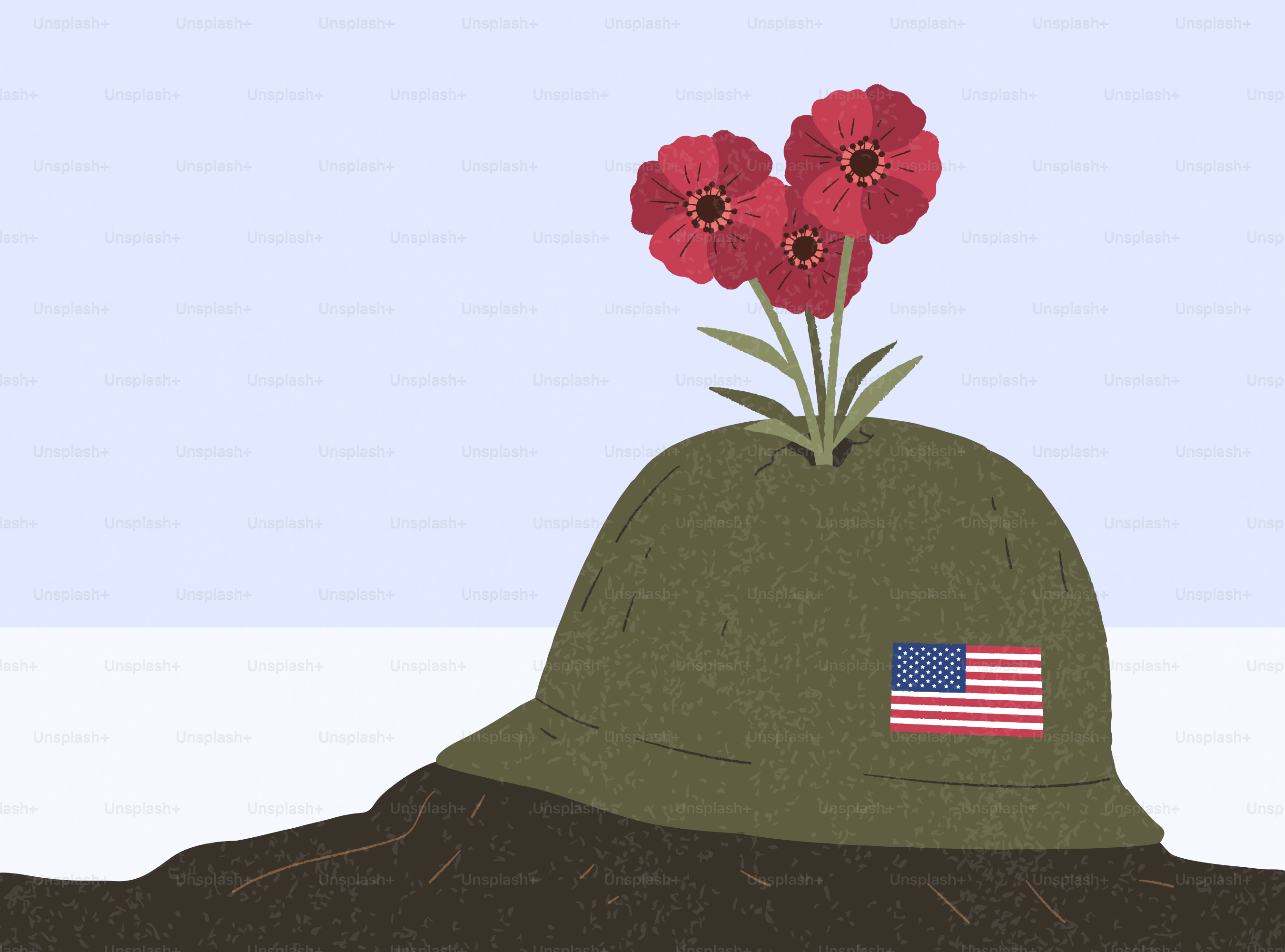 Red poppies bloom from a military helmet with us flag.