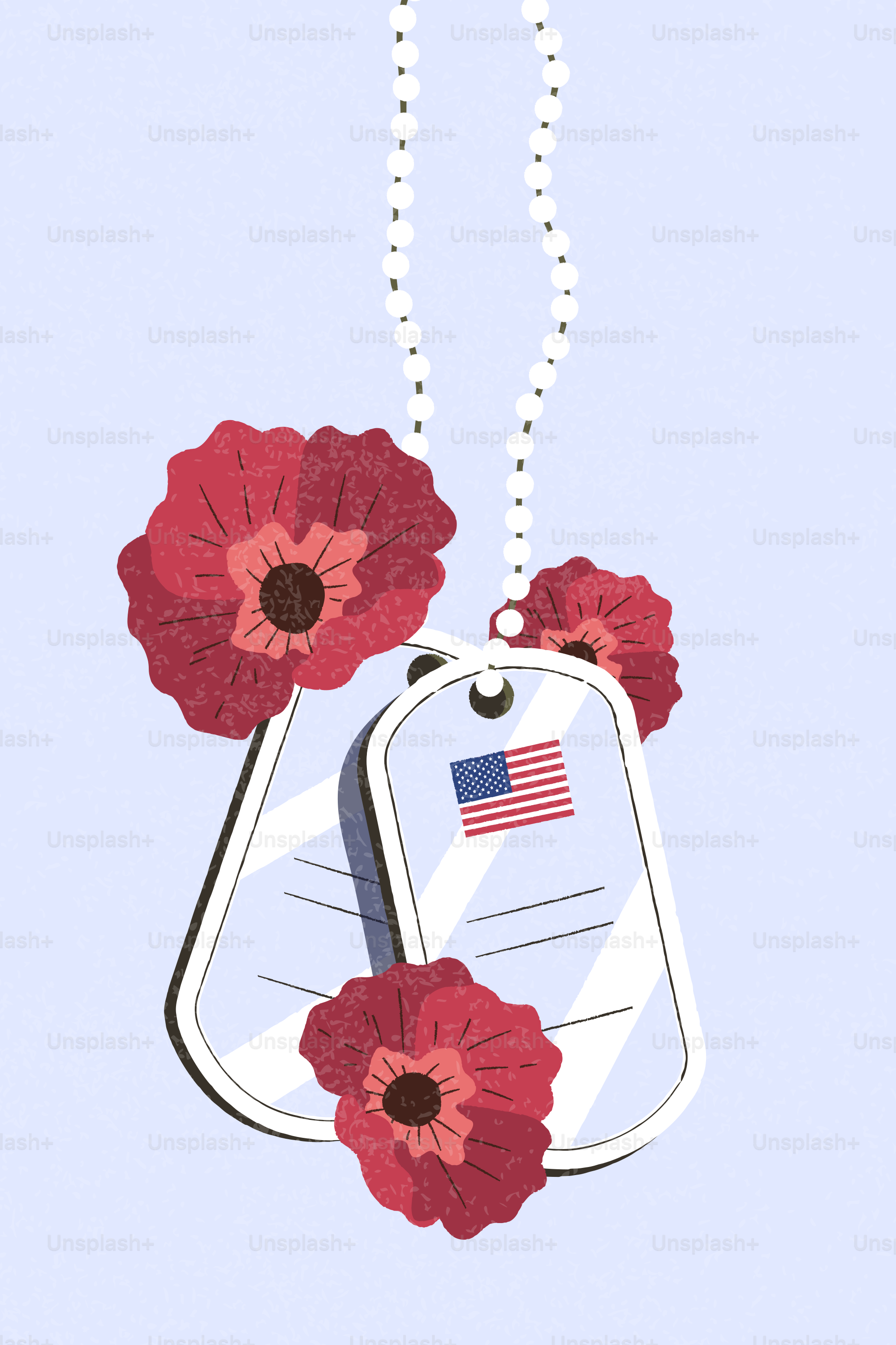 Dog tags and poppies on a light blue background