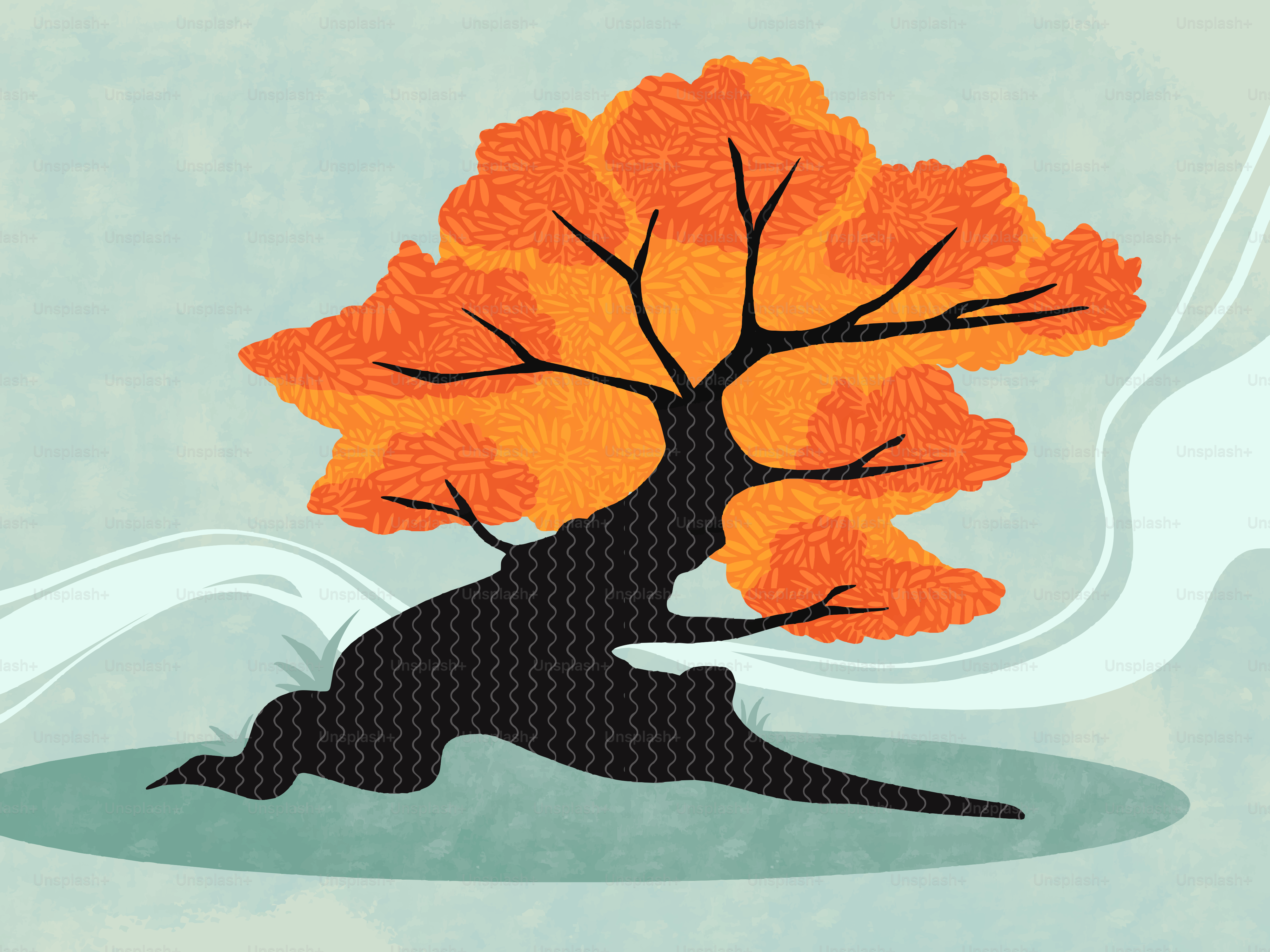 Stylized autumn tree with orange foliage and dark trunk