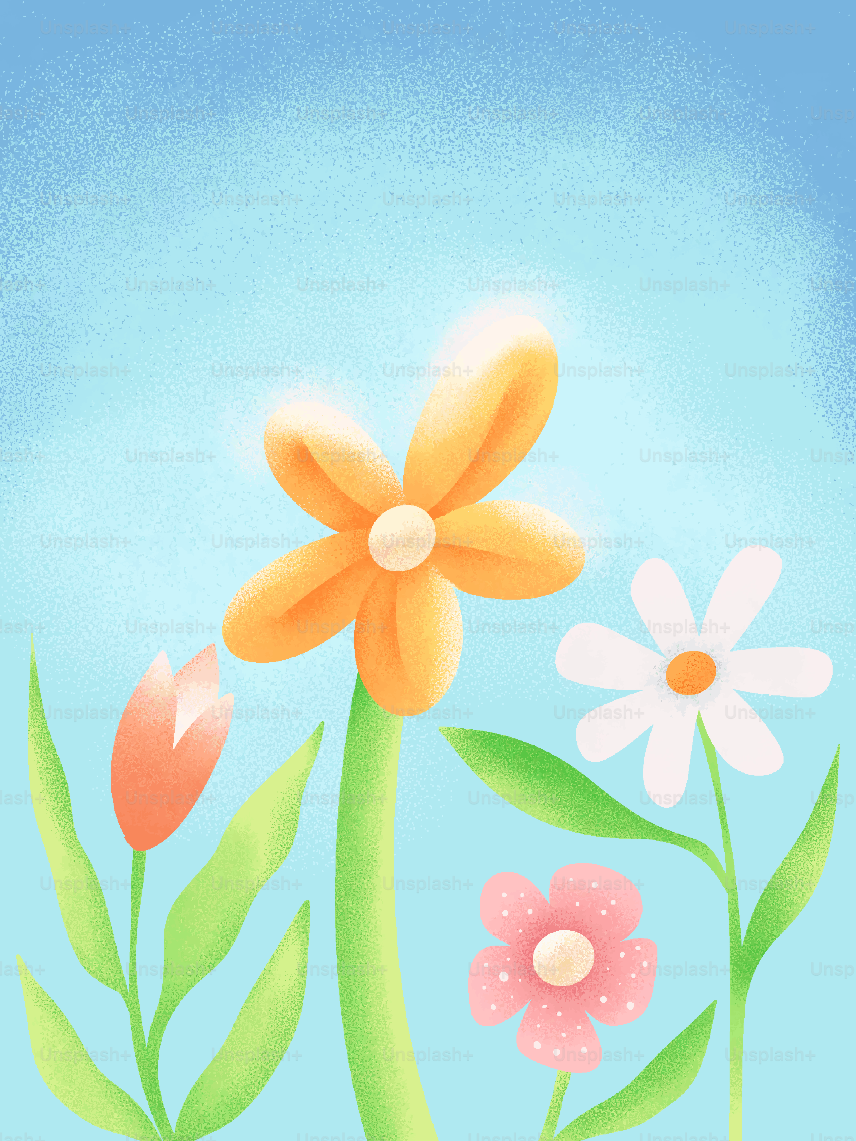 Colorful flowers bloom against a bright blue sky