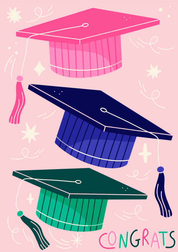 Three graduation caps with 'congrats' text