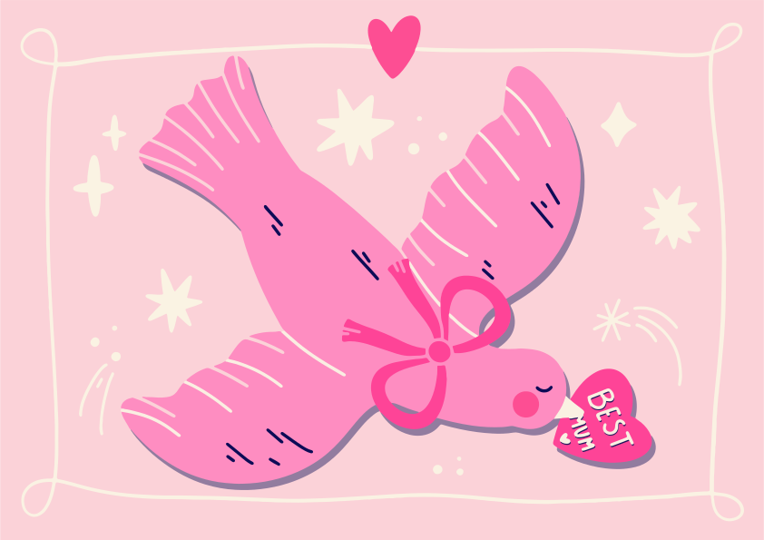 Uccello rosa che porta un cuore con il messaggio "migliore mamma".