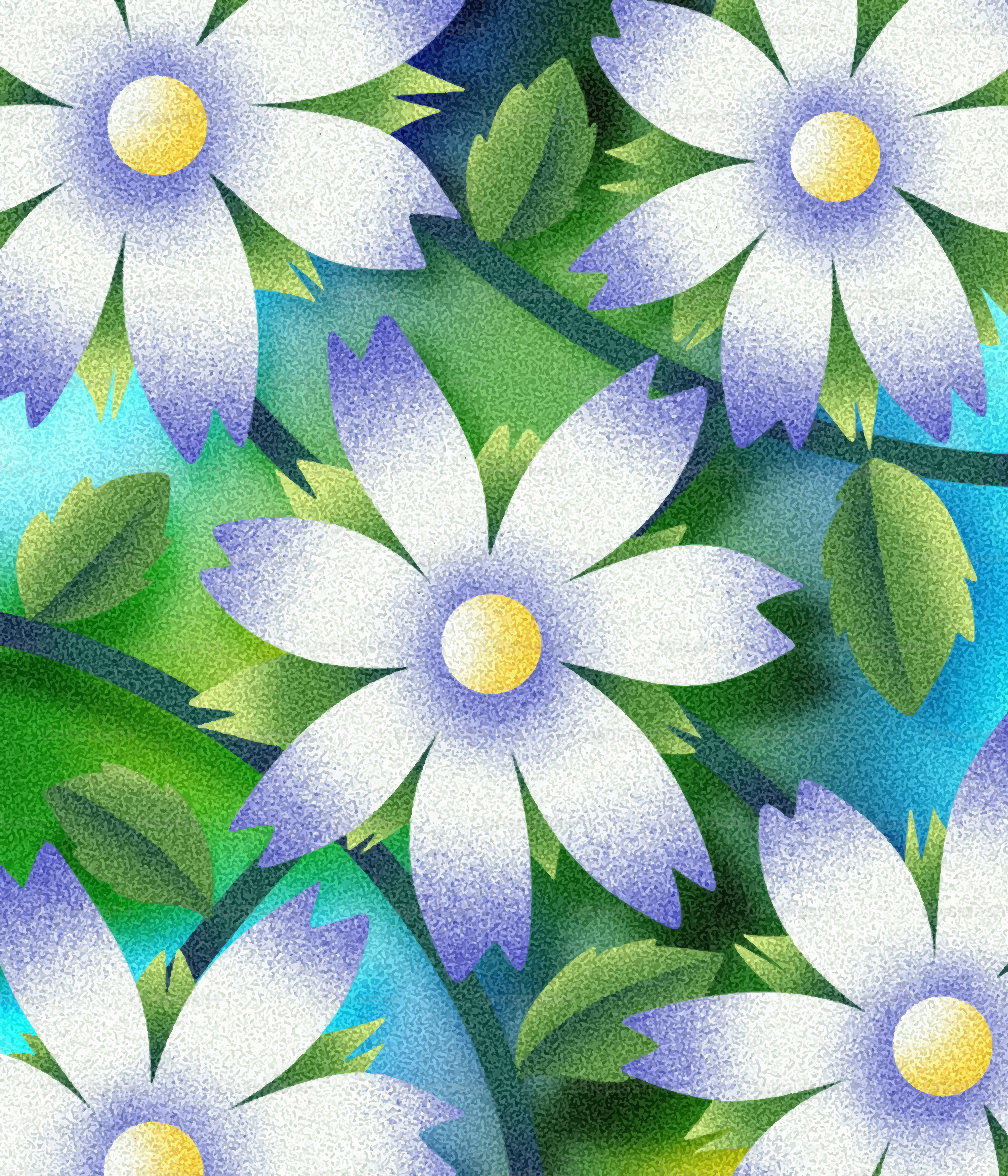 Fleurs blanches et violettes aux feuilles vertes