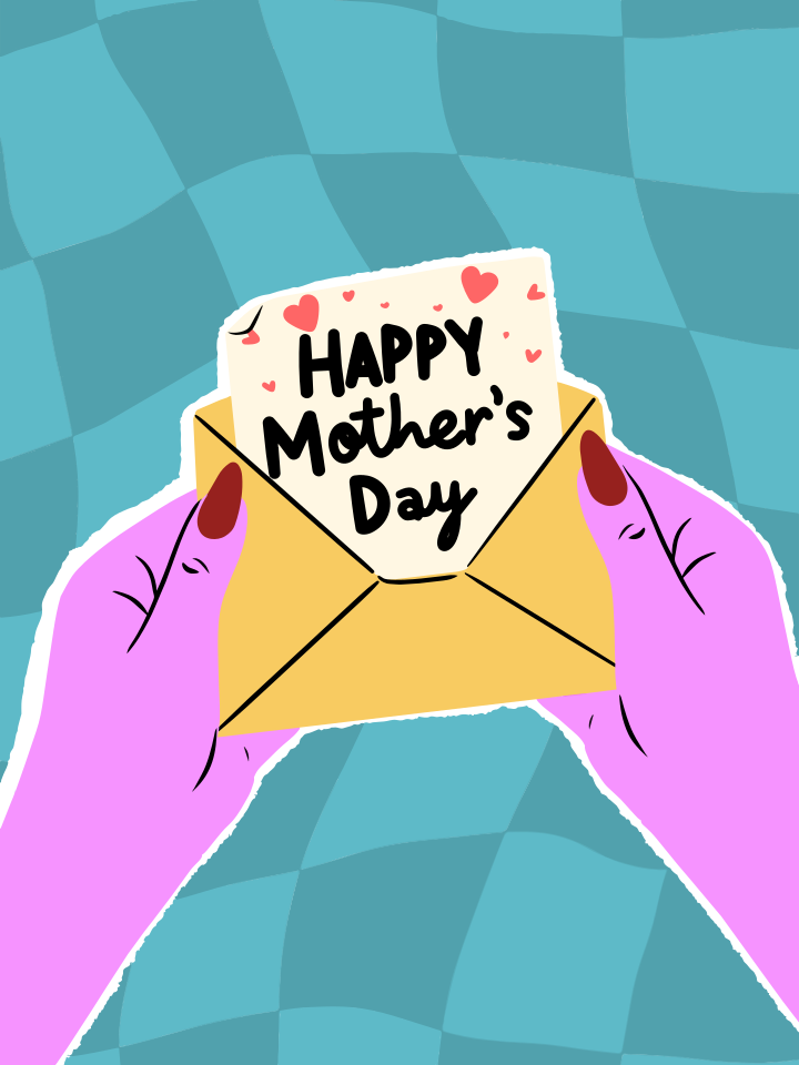 Hands holding an envelope with happy mother's day card.