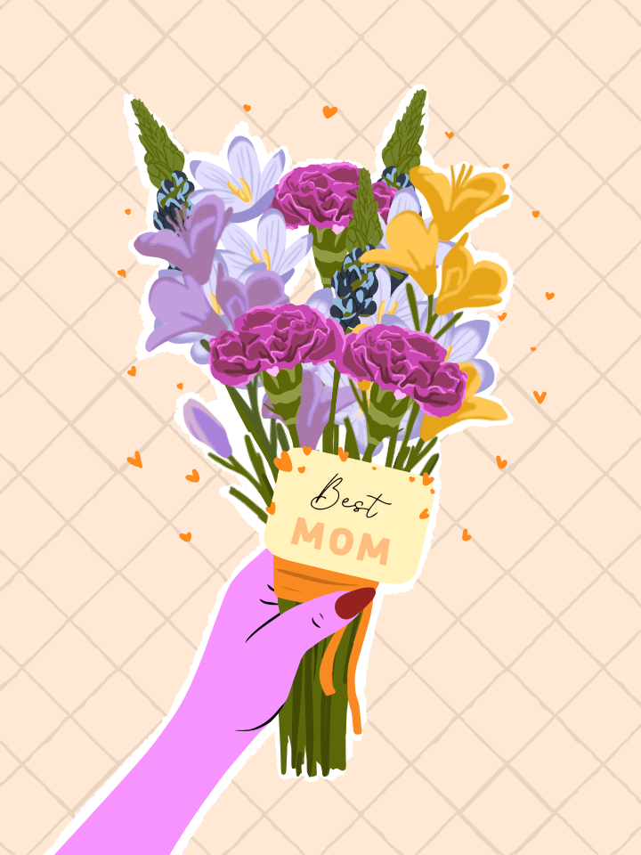 Hand holding a colorful bouquet with "best mom" card