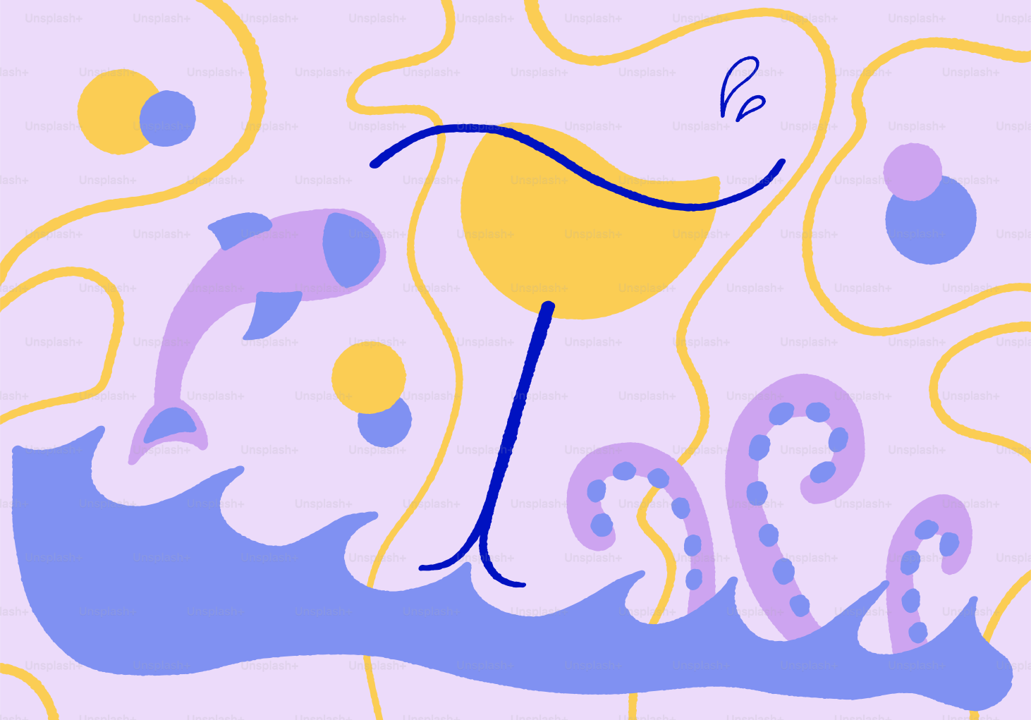 돌고래와 문어 촉수가 있는 추상적인 바다 장면