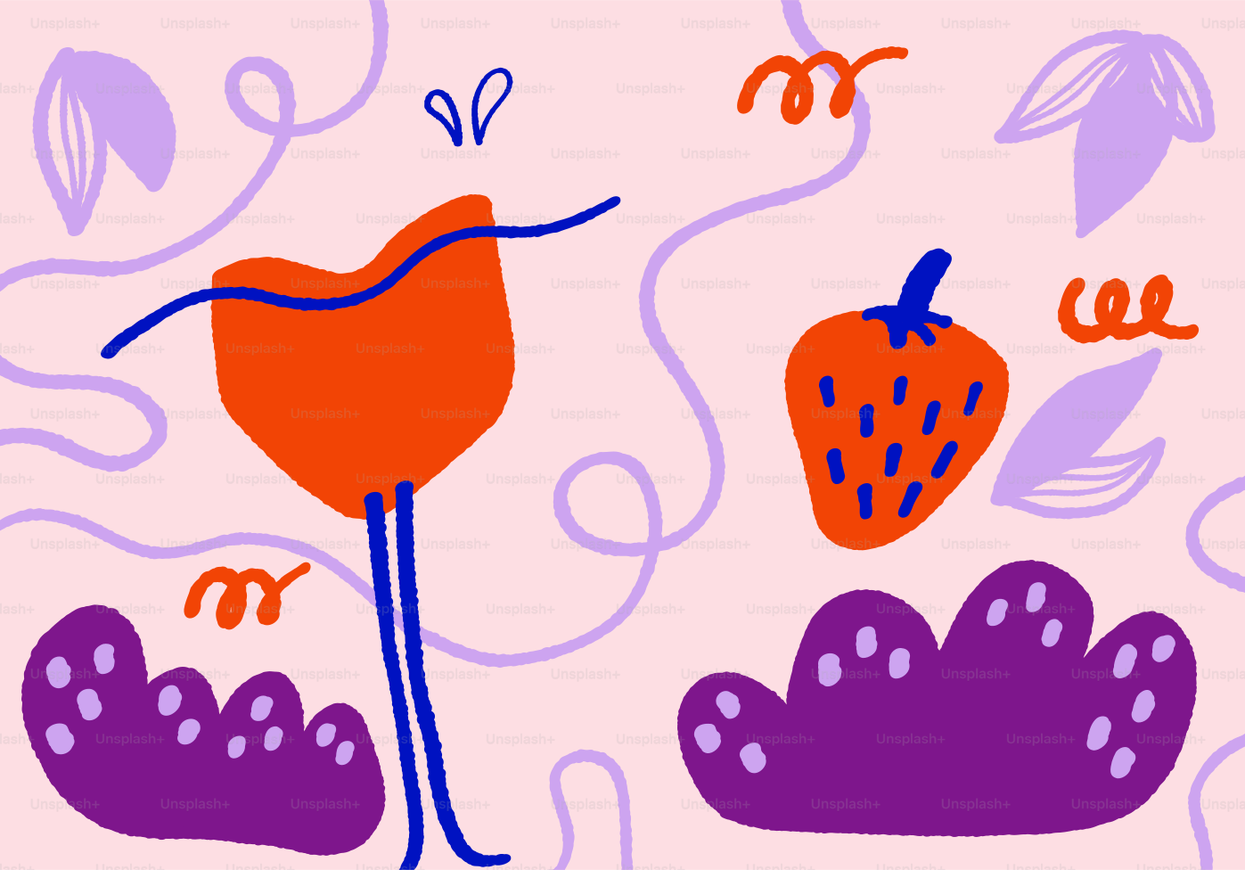 딸기와 꽃무늬 요소가 어우러진 추상 무늬