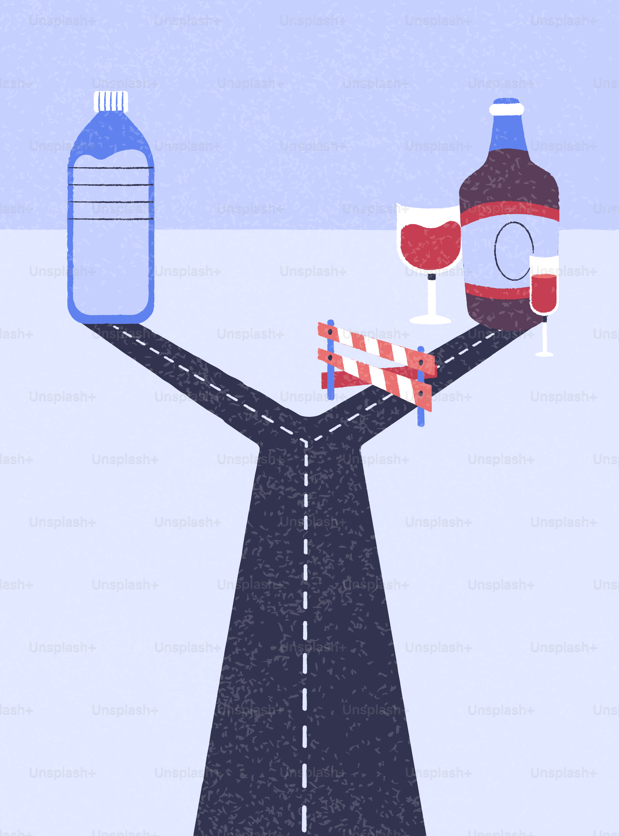 Road splits with water and alcohol options.