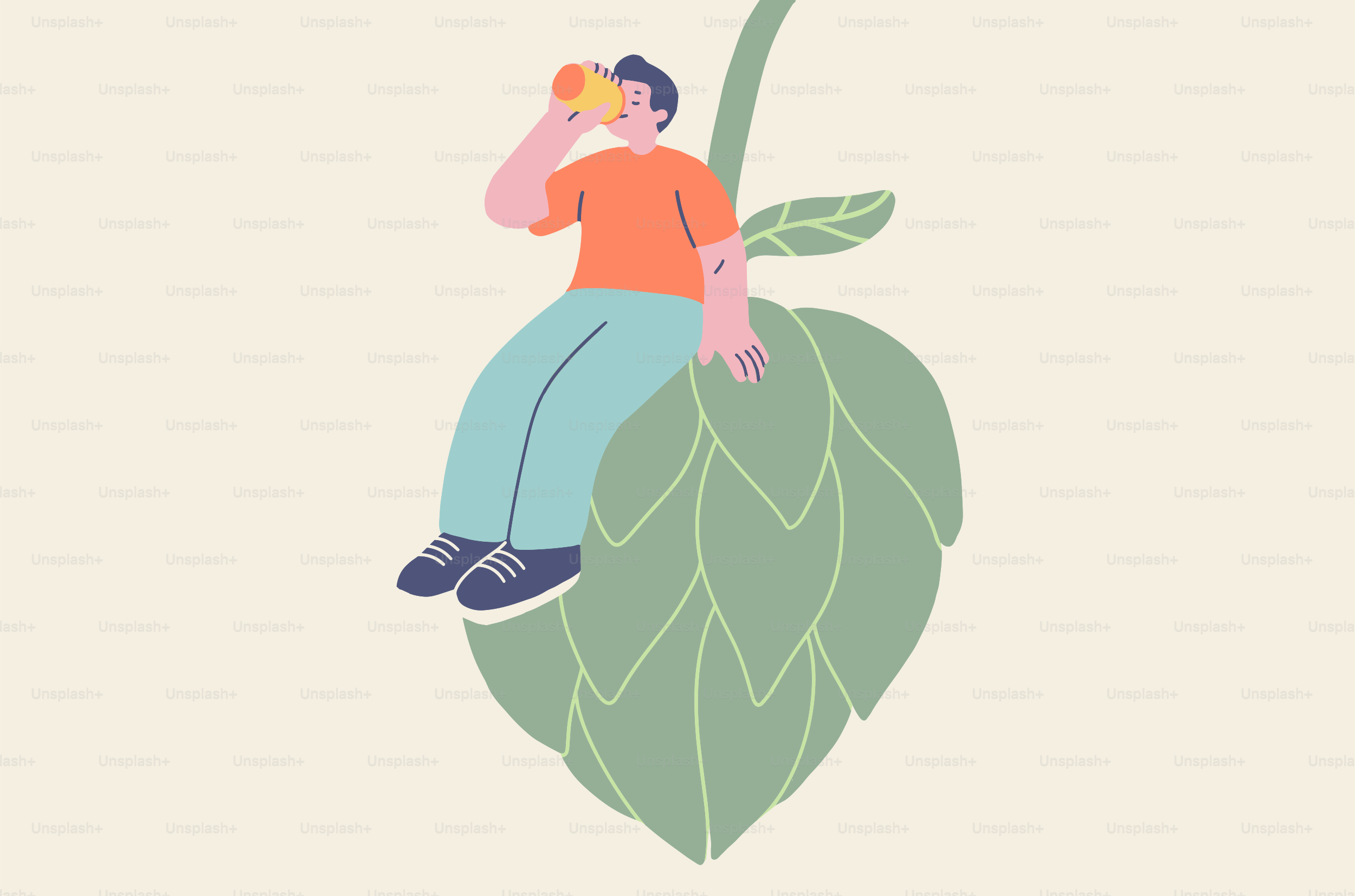 Une personne assise sur un grand cornet de houblon en train de boire une boisson.