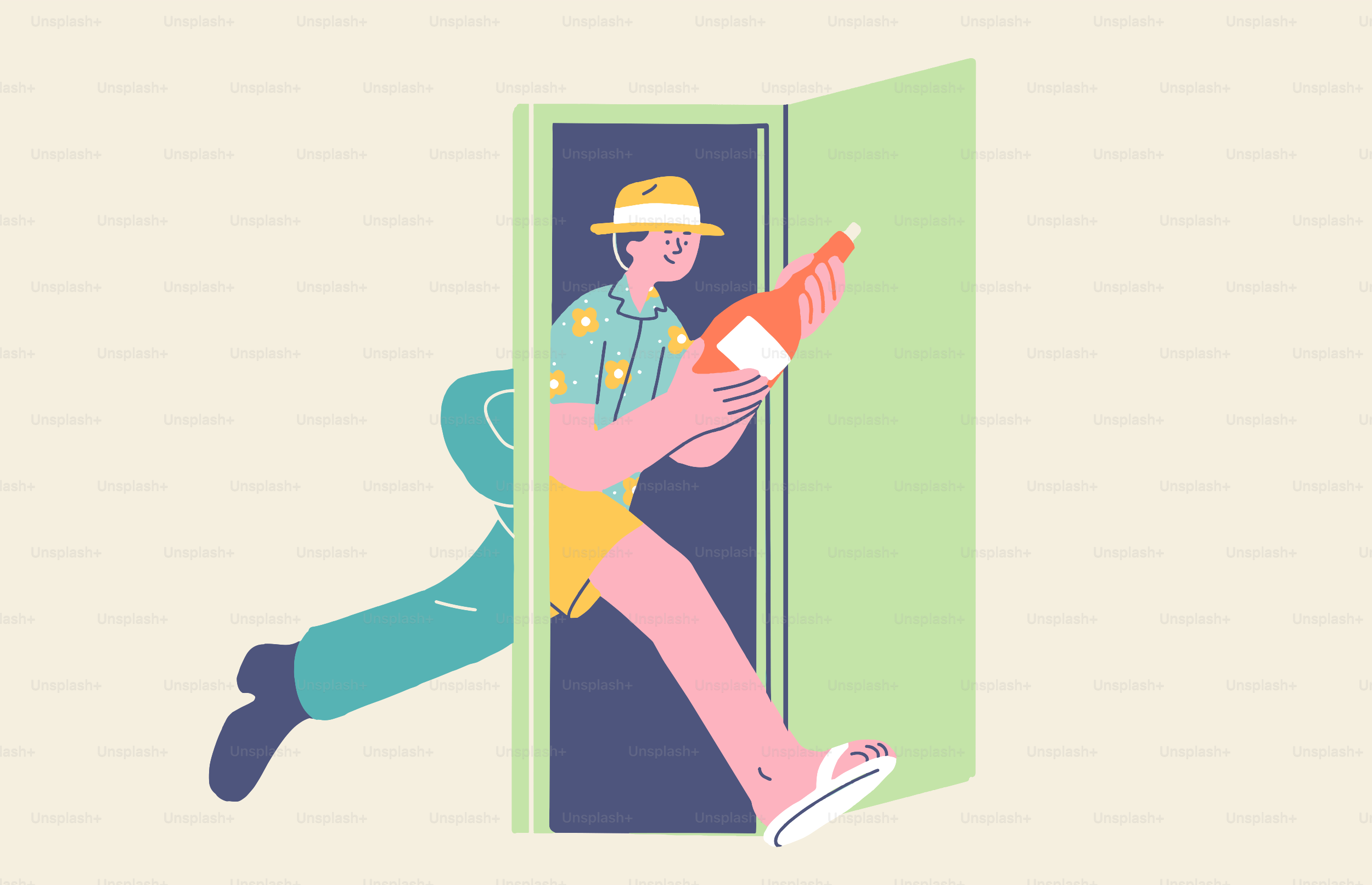 Un homme en habits d’été portant une bouteille à travers une porte.