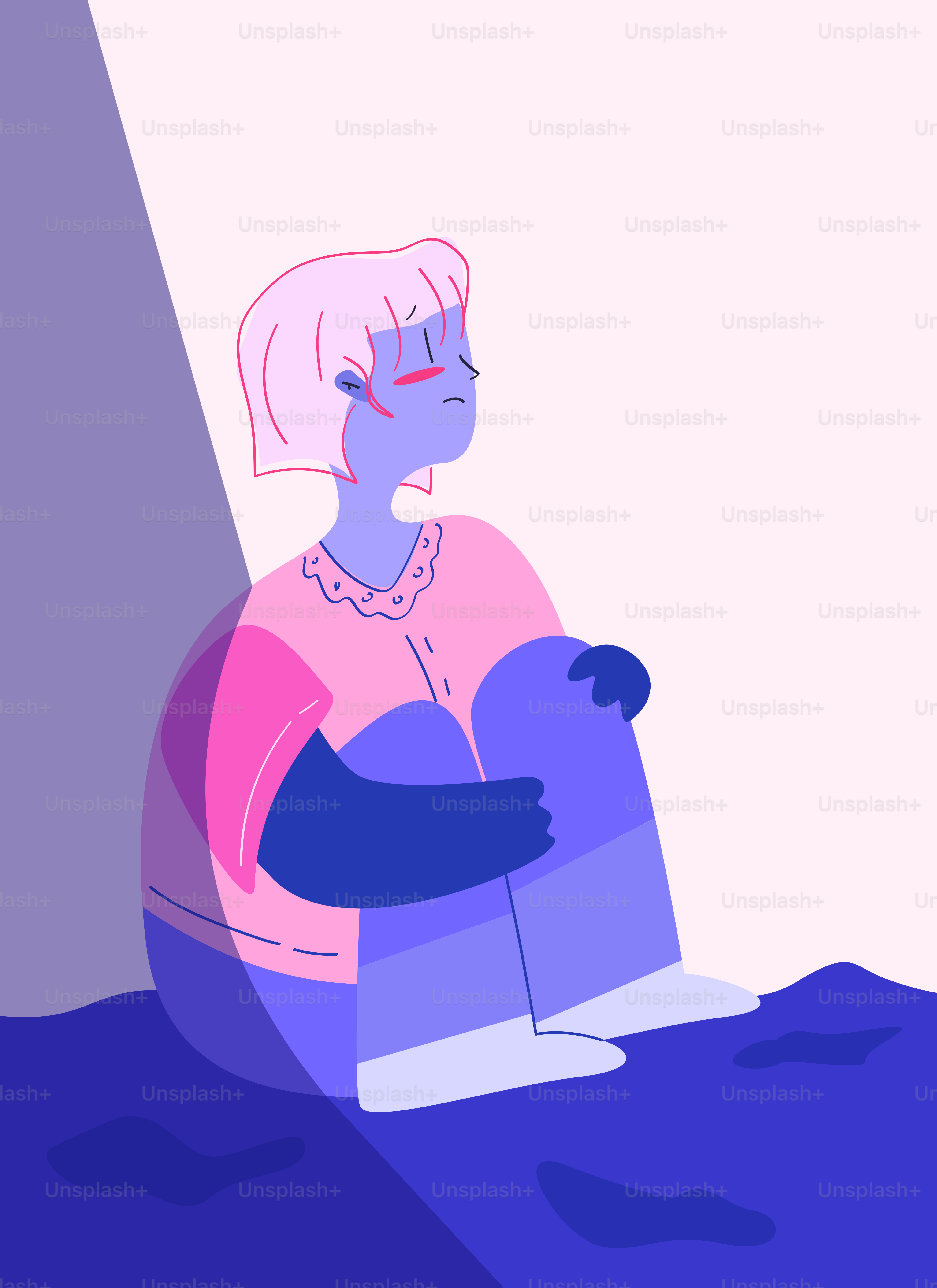 A stylized person sits huddled in a corner.