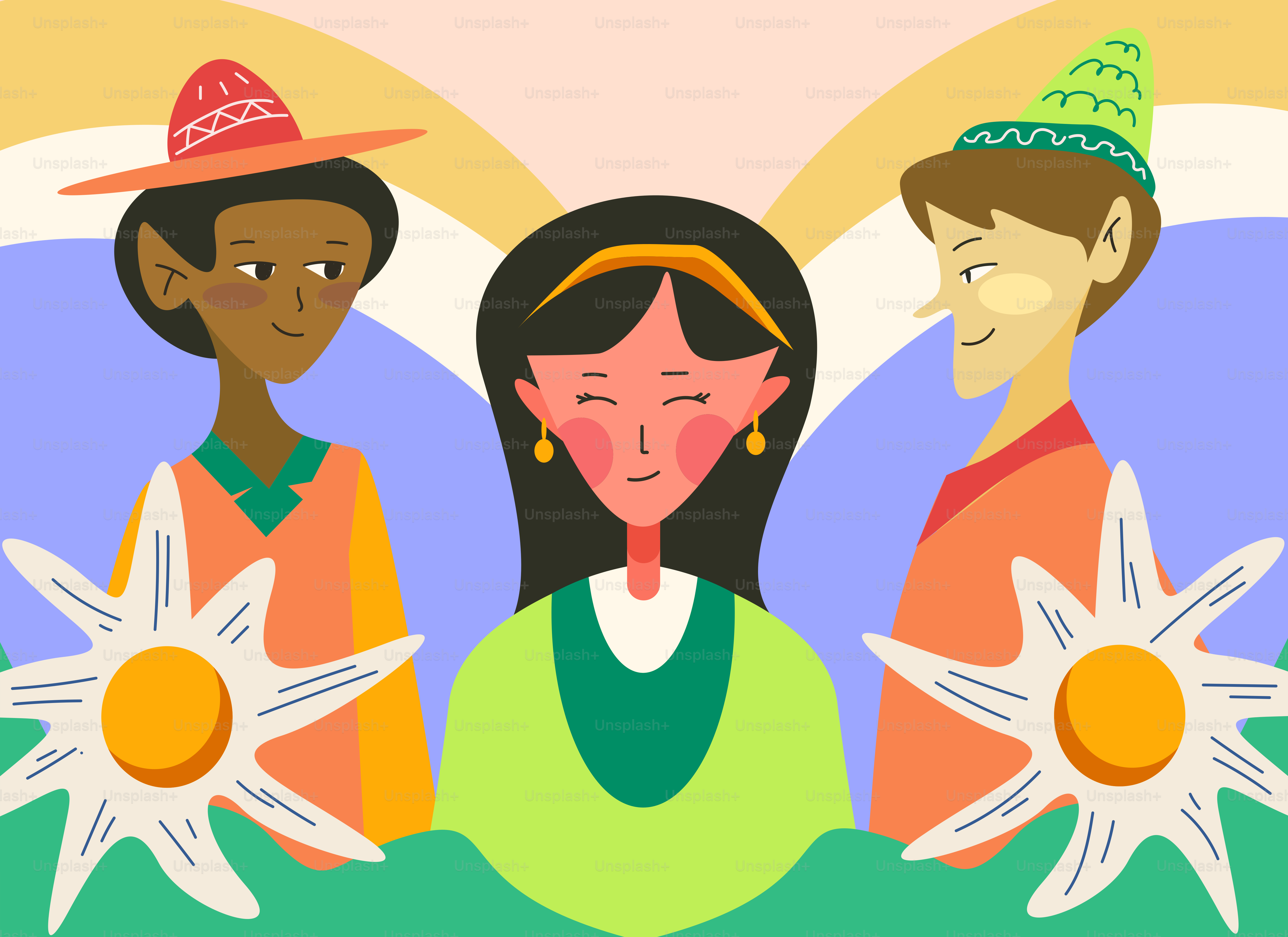 Three people with flowers and colorful background