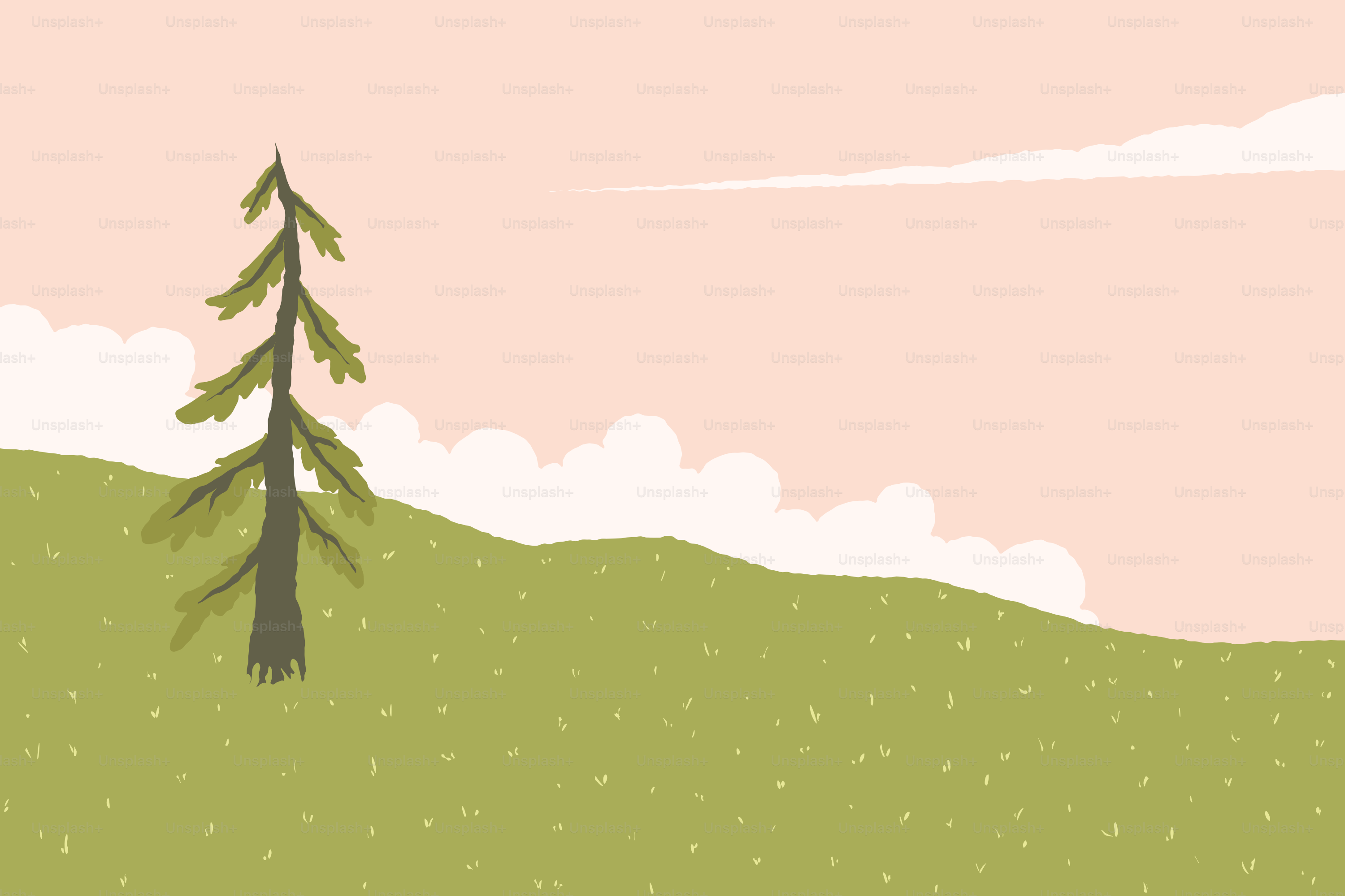 A lone pine tree stands on a grassy hill.