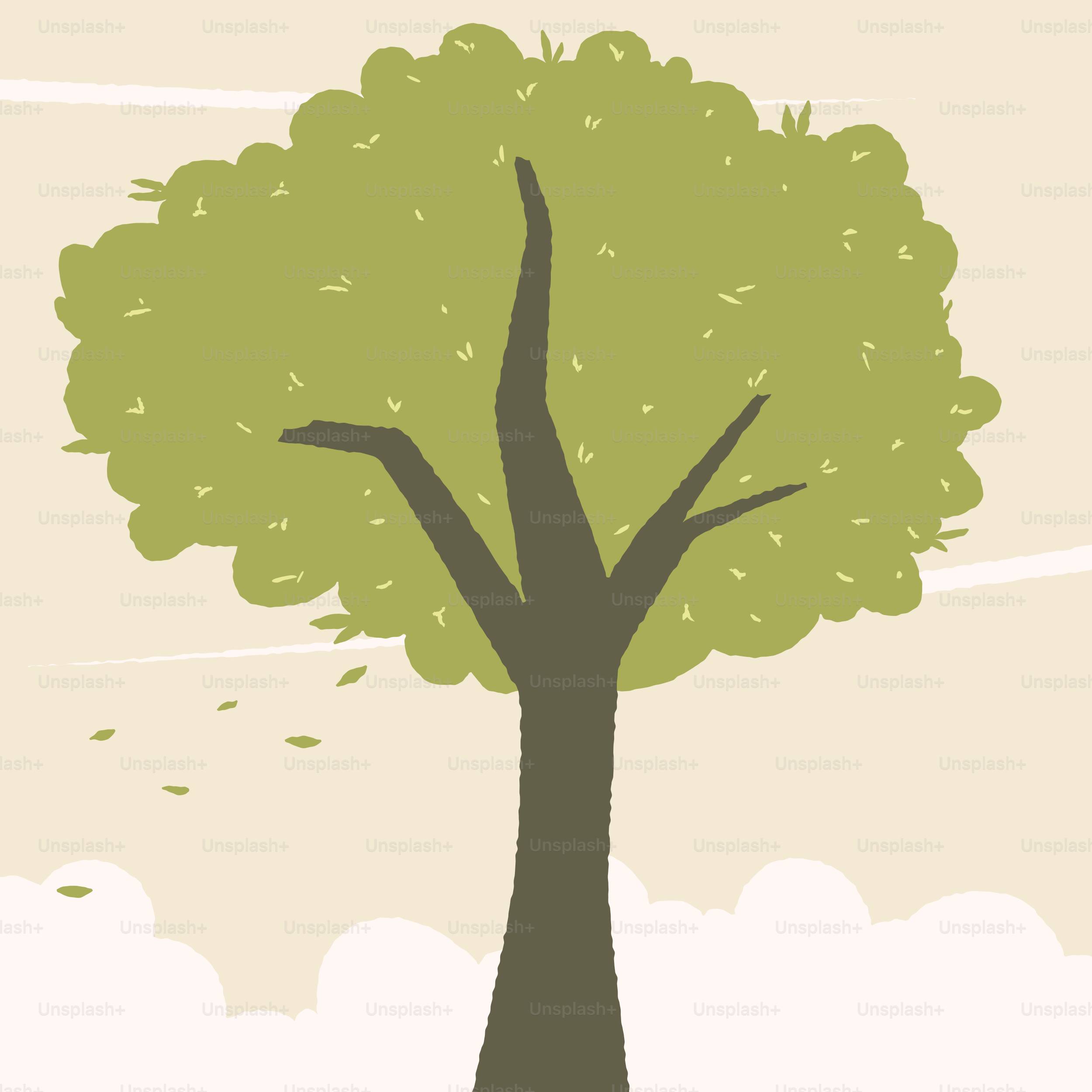 Un arbre vert stylisé avec des feuilles tombantes et des nuages.