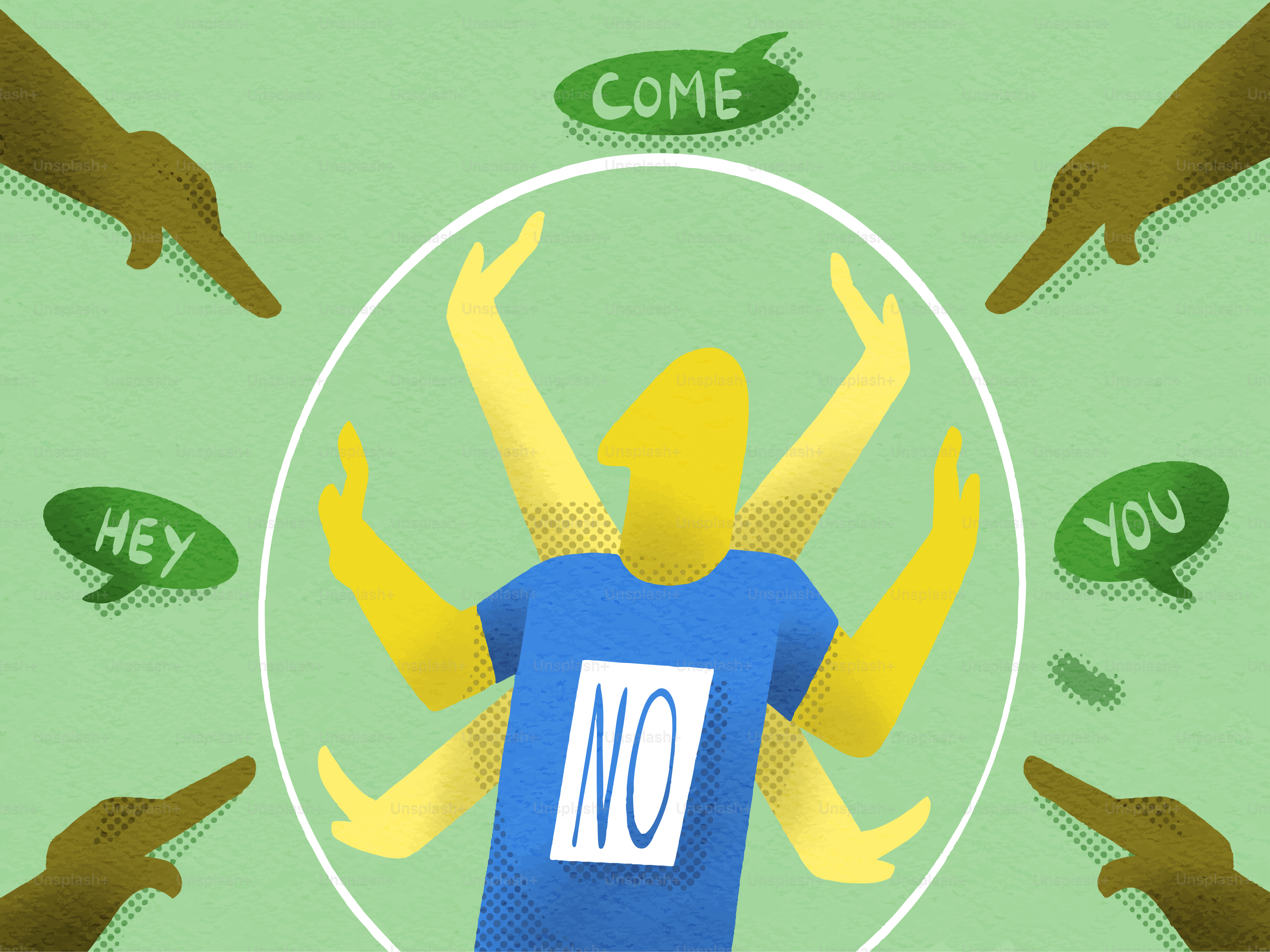 Personne entourée de mains qui disent non