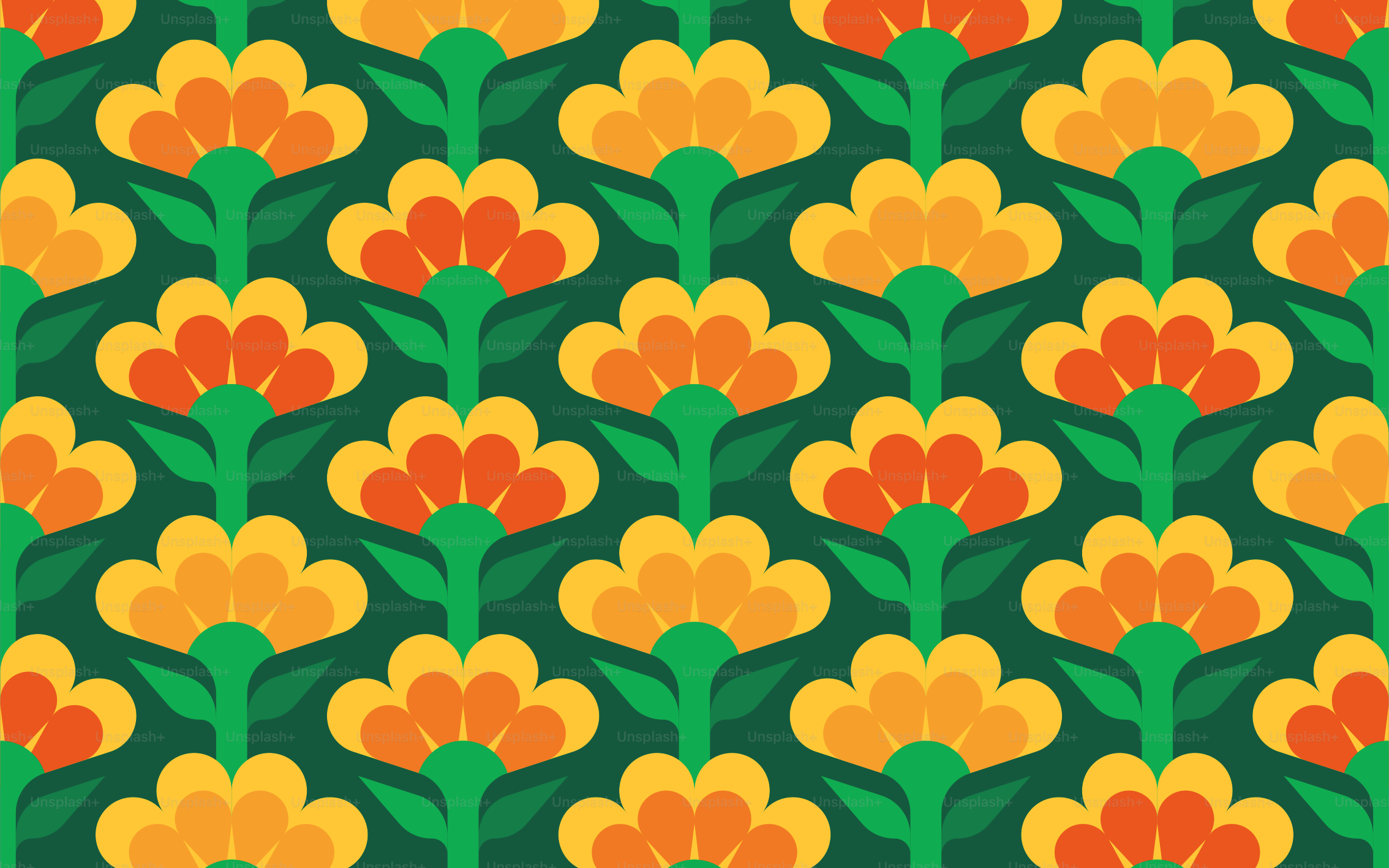 Motivo floreale retrò con fiori arancioni e gialli.