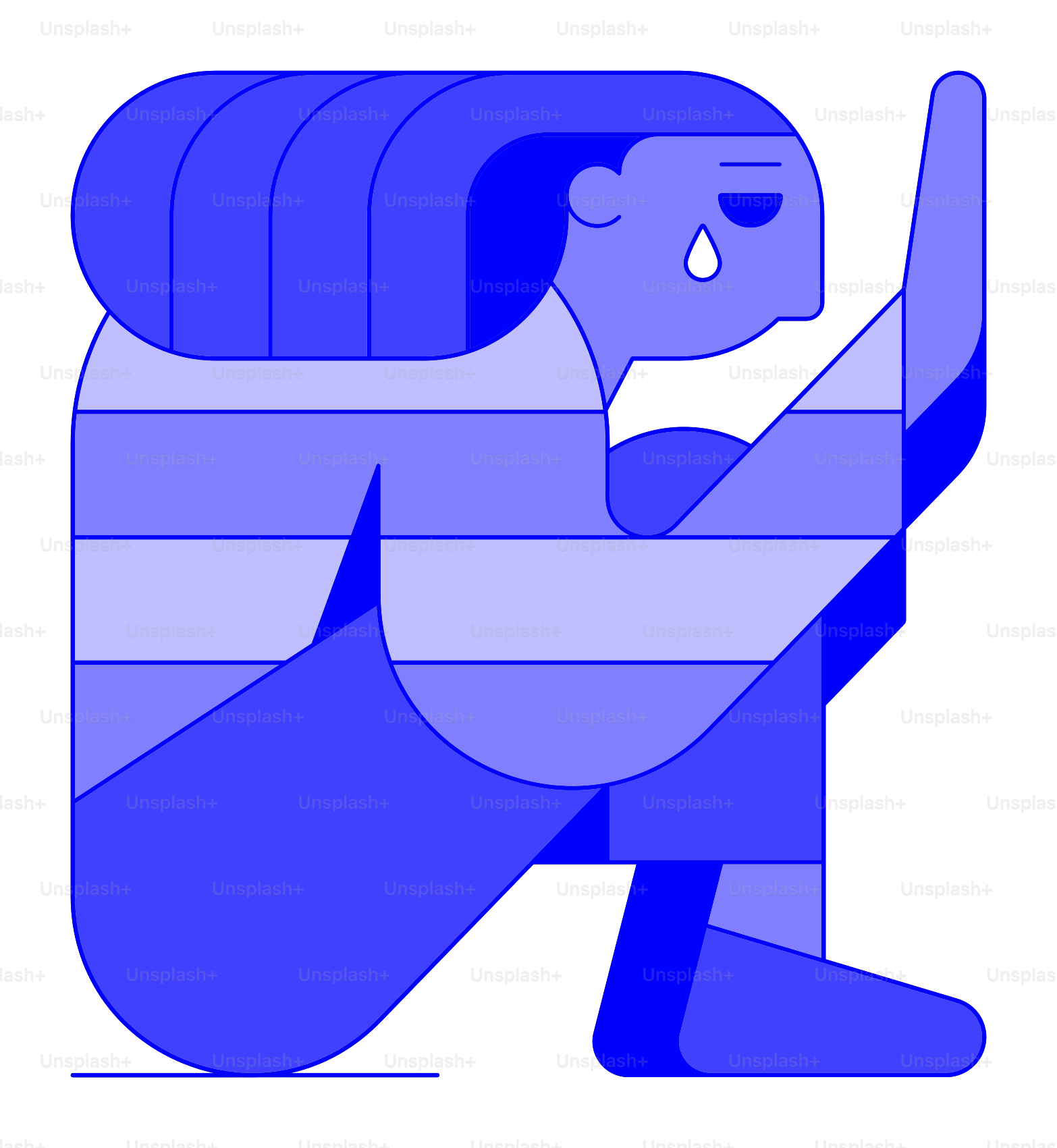 Una figura blu stilizzata che piange su uno sfondo bianco.