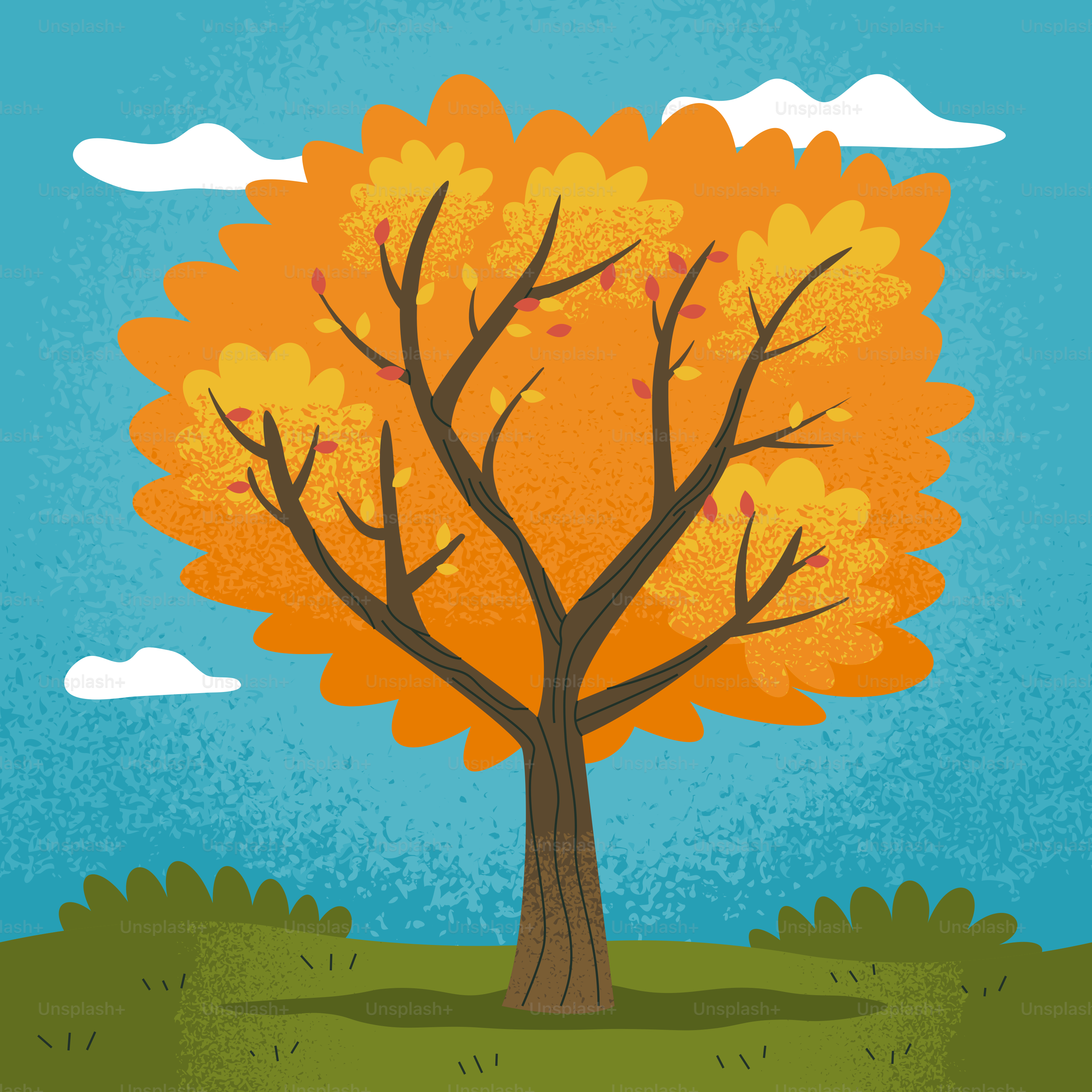 A stylized tree with orange leaves under a blue sky.