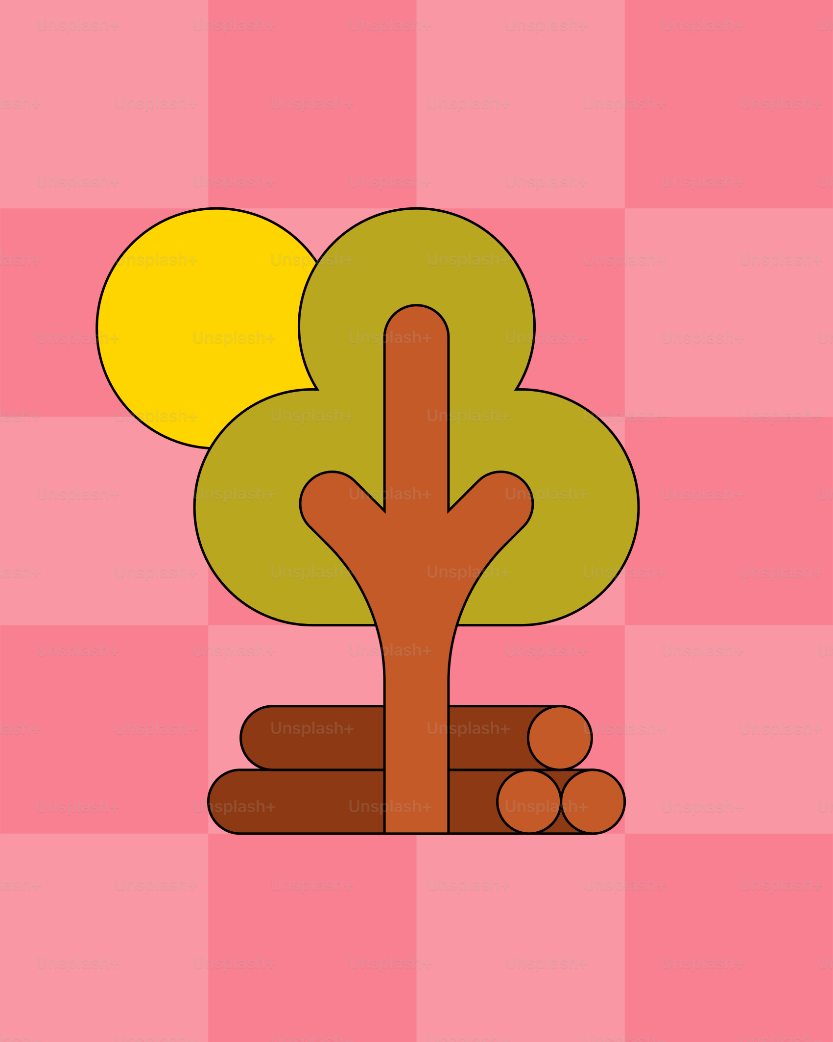 Albero stilizzato con tronchi e sole su sfondo a scacchi