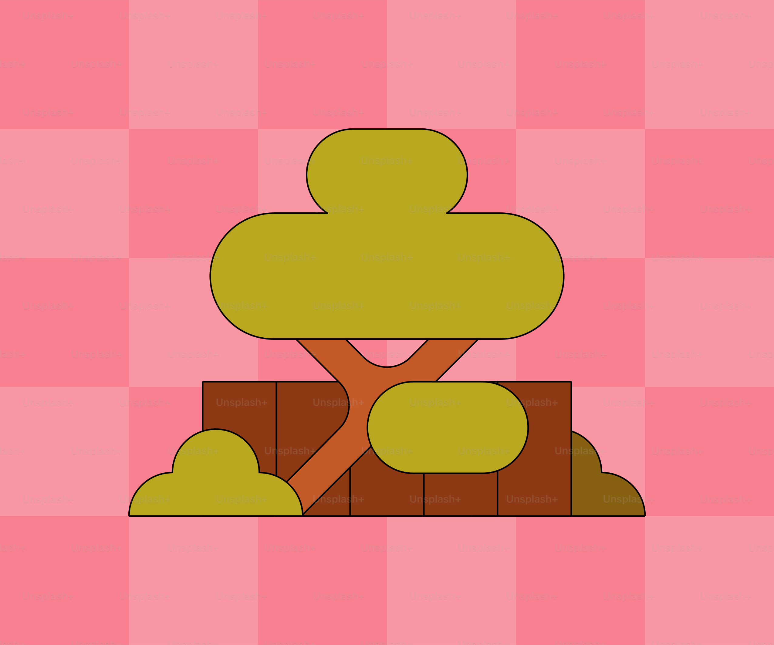 Albero stilizzato con recinzione marrone e sfondo rosa a scacchi