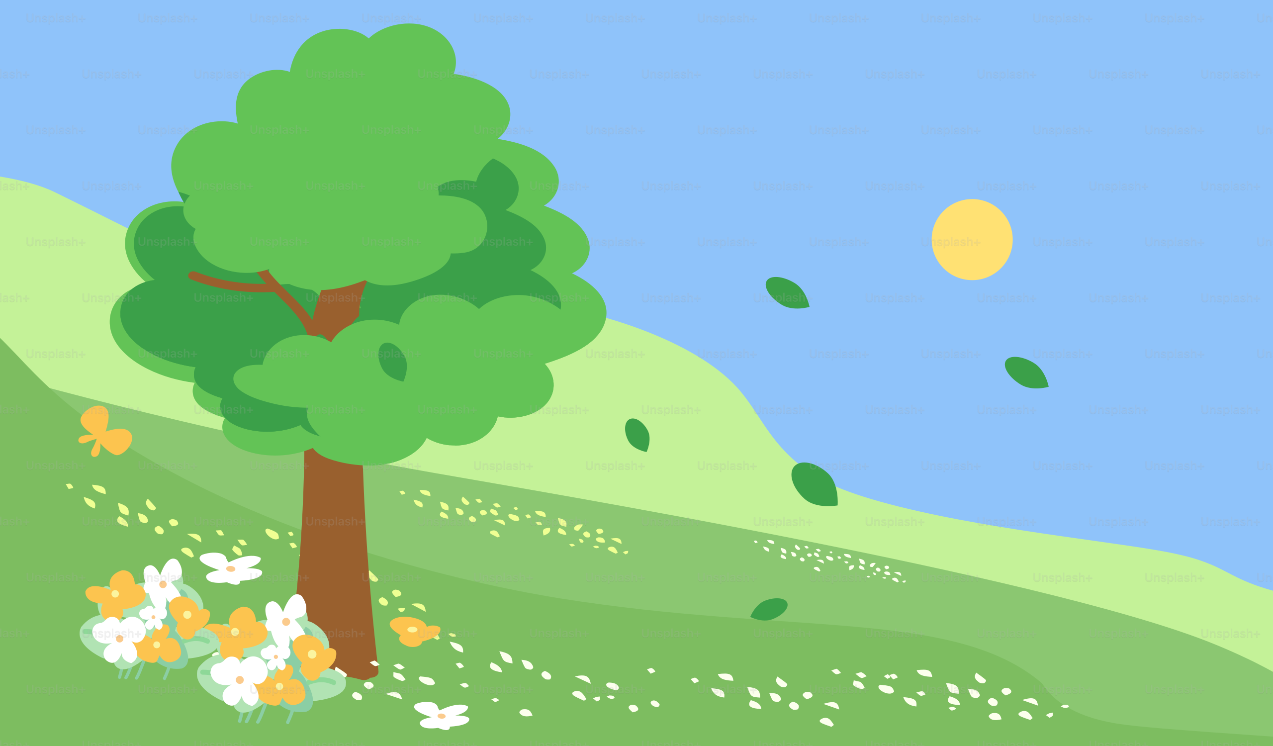 緑の丘の上の木、蝶や花が咲き誇る。