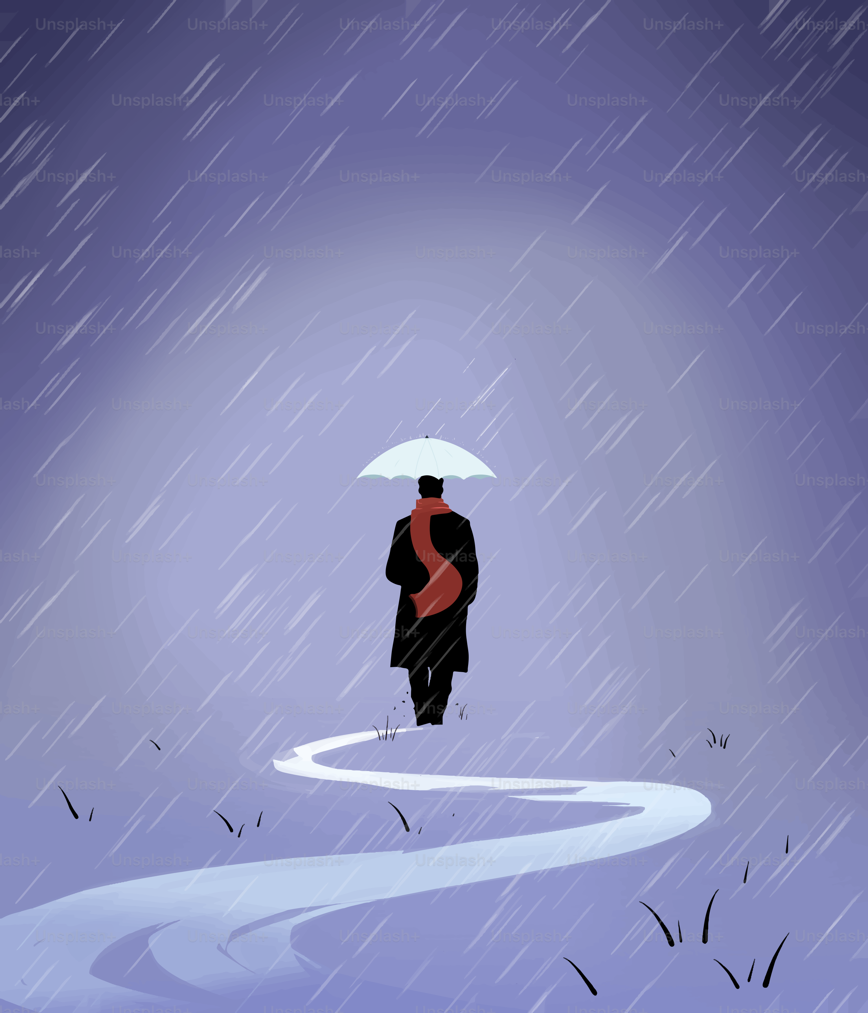 Un homme avec un parapluie marche sur un chemin enneigé sous la pluie