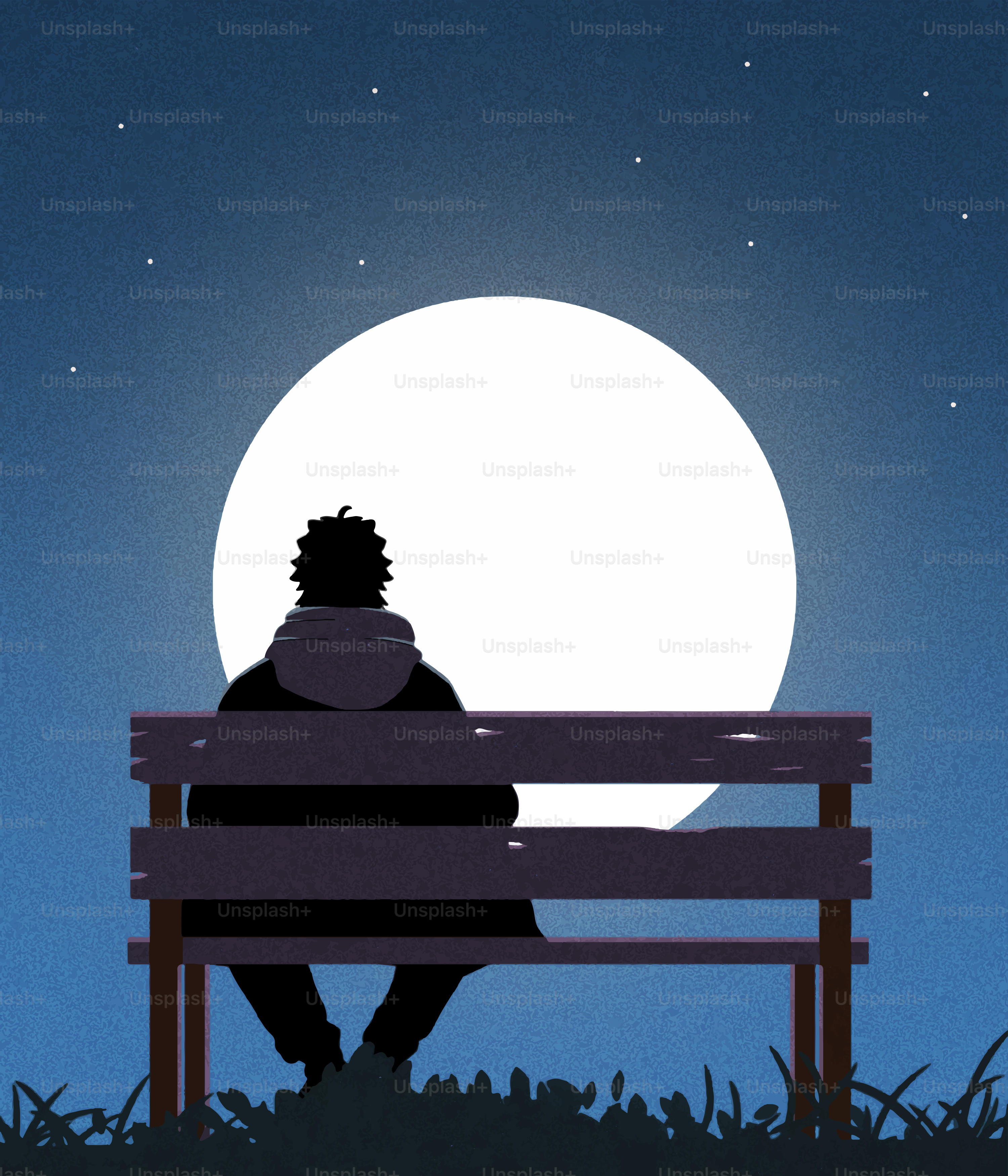 La personne est assise sur un banc sous une grande pleine lune.