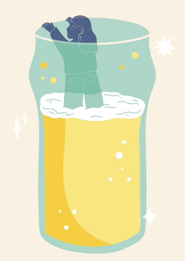 Person looking out from inside a beer glass.