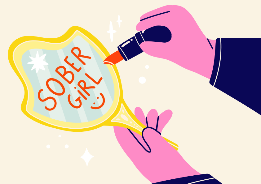 Hands applying lipstick to mirror reflection saying sober girl