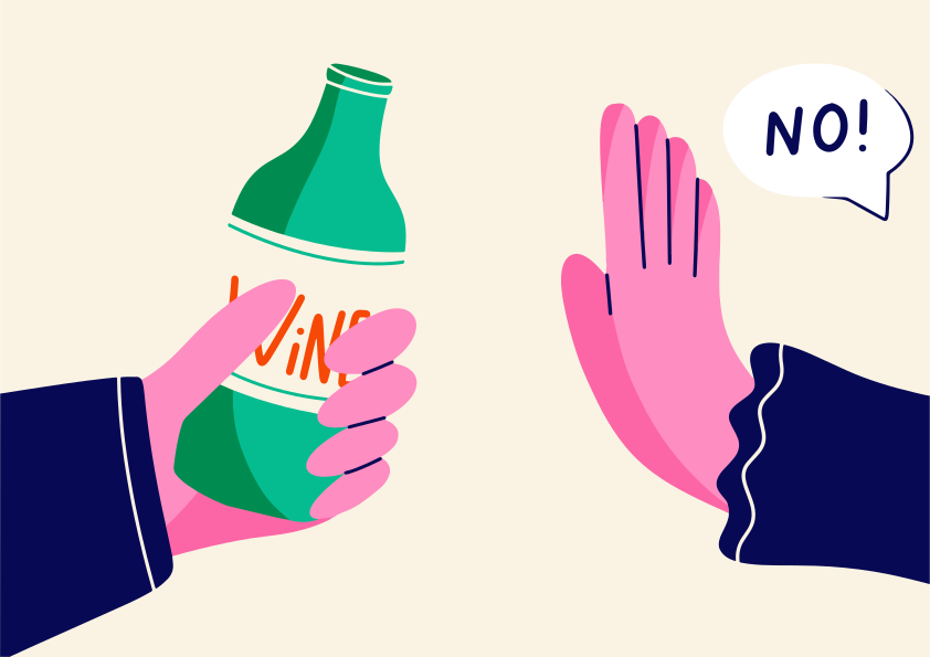 Hand offering wine bottle, other hand says no.