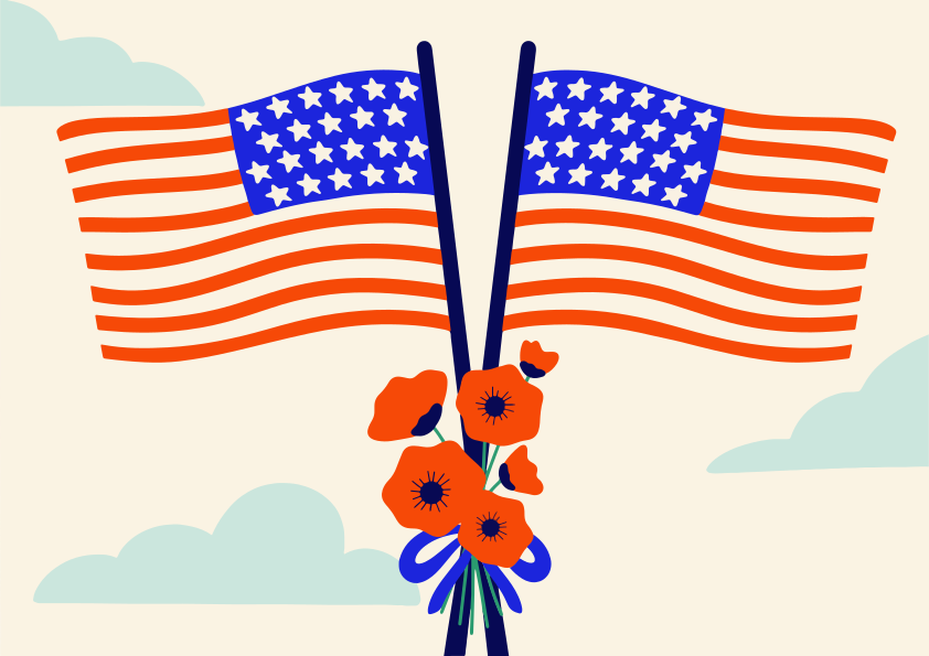 Dos banderas americanas con un ramo de amapolas