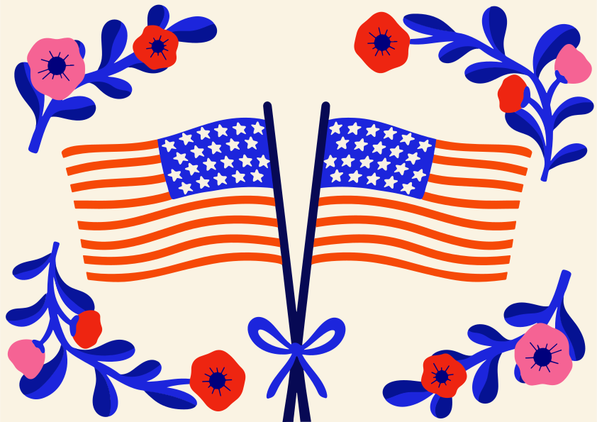 Dos banderas americanas con decoraciones florales