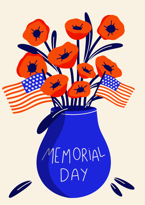 Amapolas y banderas americanas en un jarrón para el Día de los Caídos.