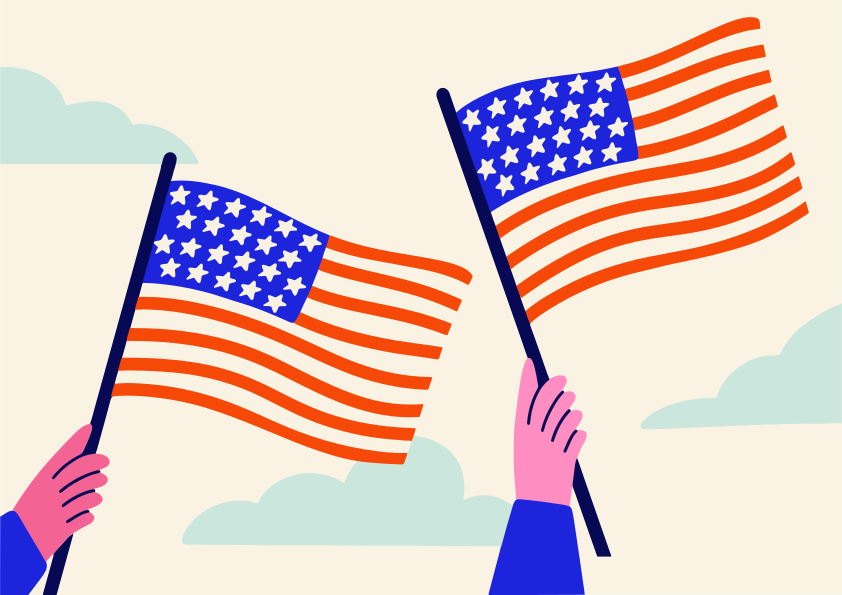 Two hands holding american flags against cloudy sky