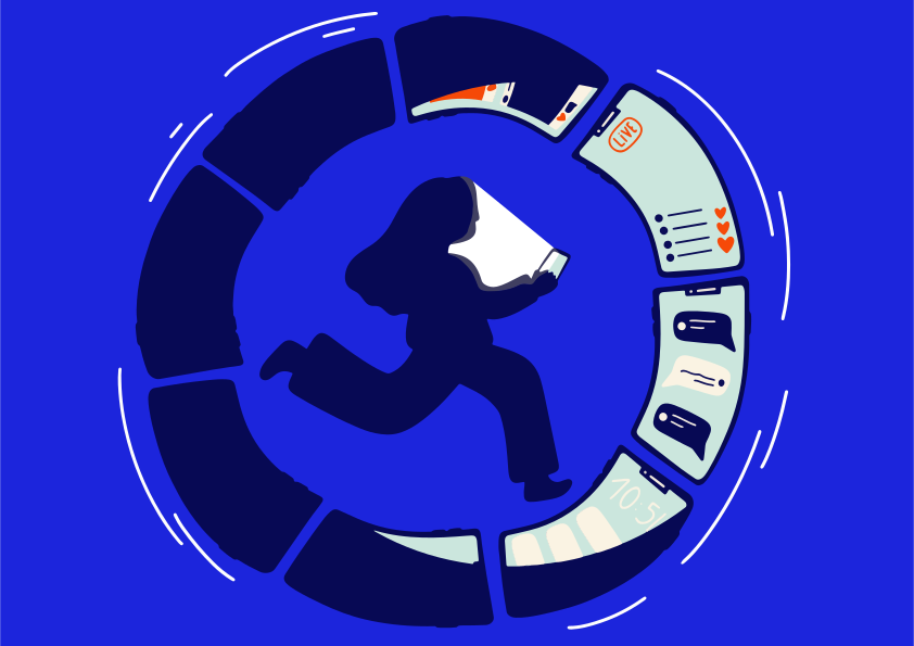 Woman running in a circular digital interface