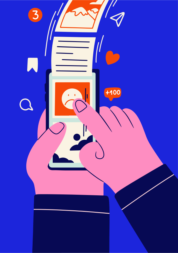 Hands scrolling through social media feed on phone