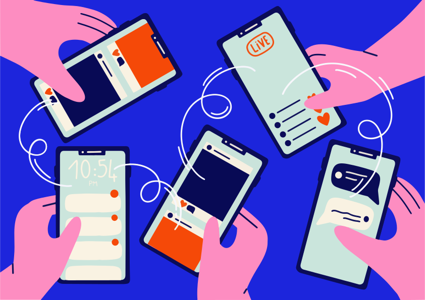 Hands holding smartphones connected by lines